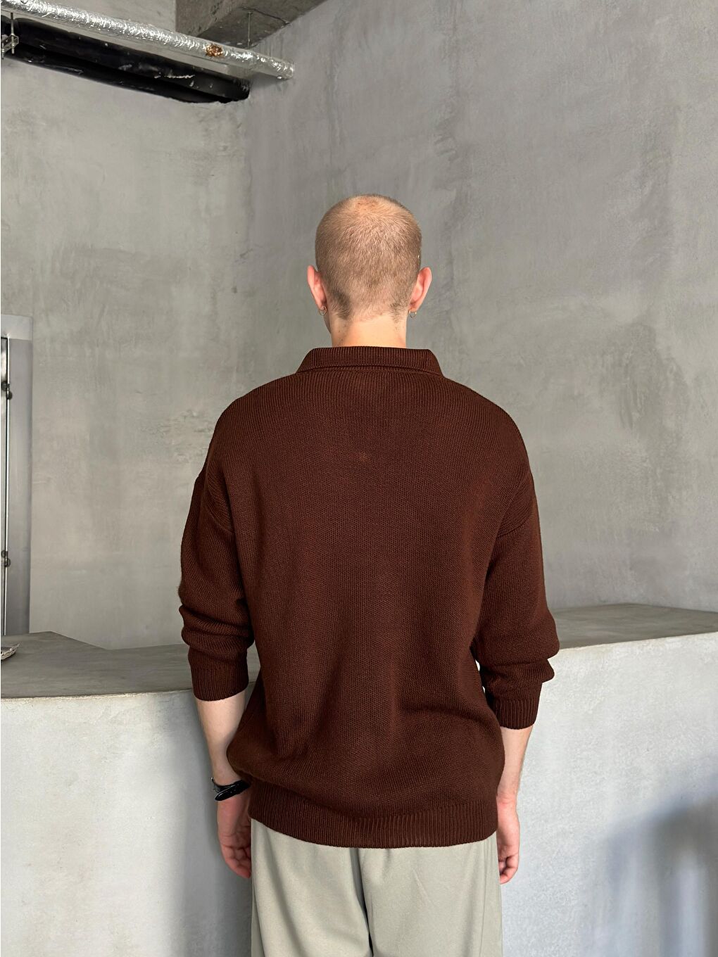 Kahverengi Erkek Polo Yaka Örme Oversize Kazak-4