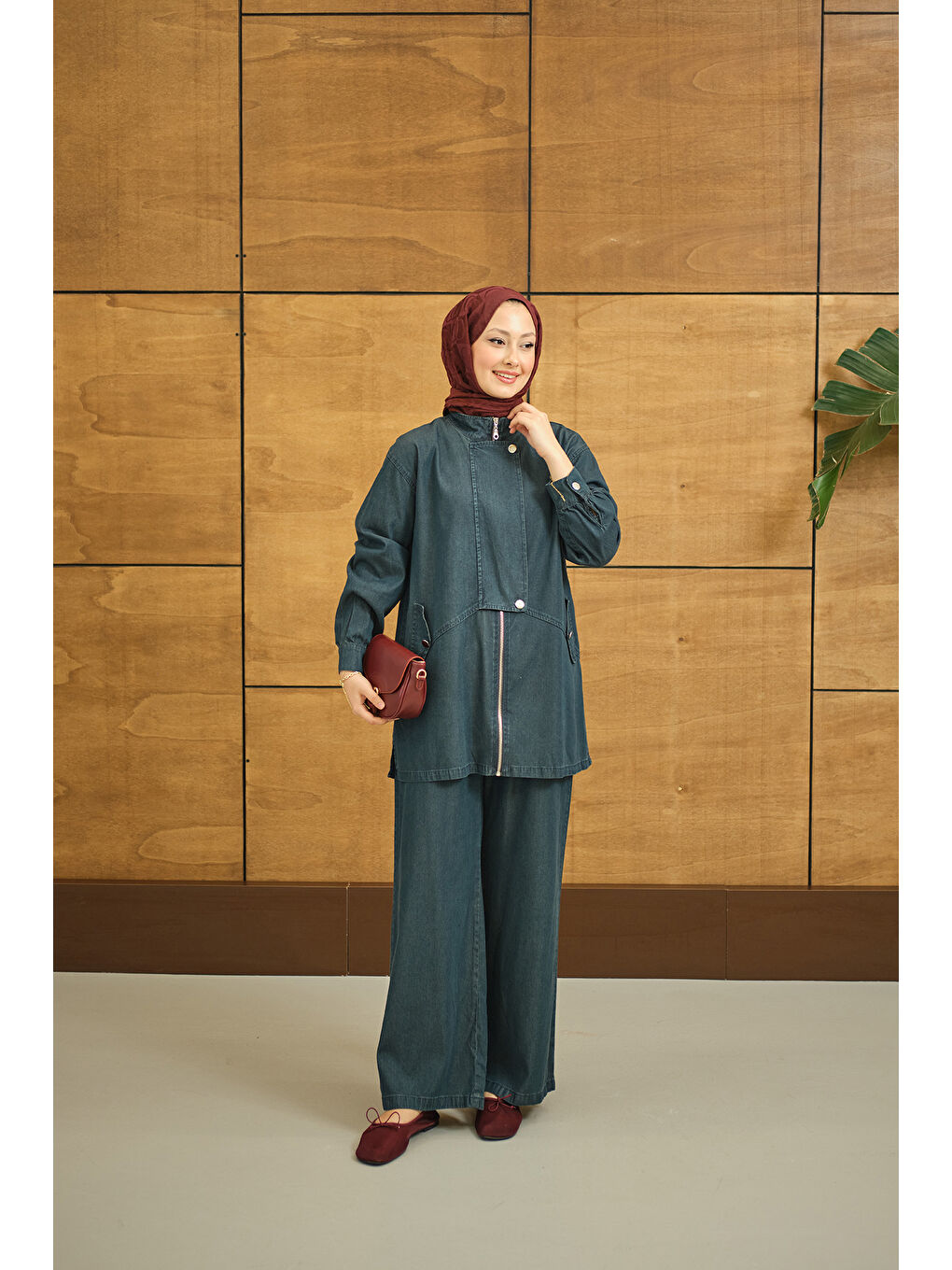 Kadın Düğme Detay Gizli Fermuarlı Takım Lacivert-1