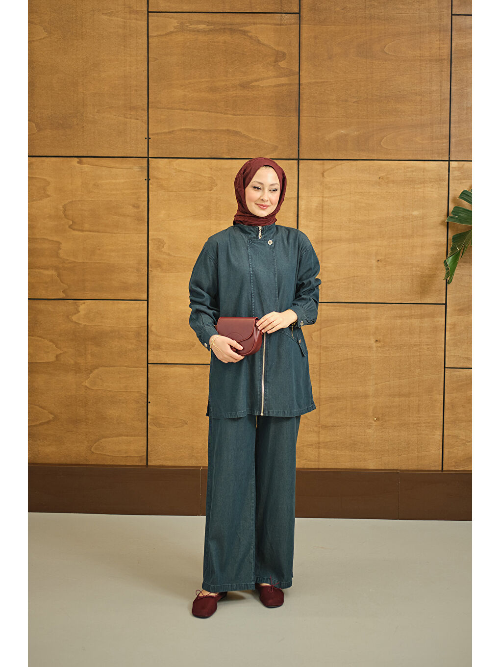 Kadın Düğme Detay Gizli Fermuarlı Takım Lacivert-2