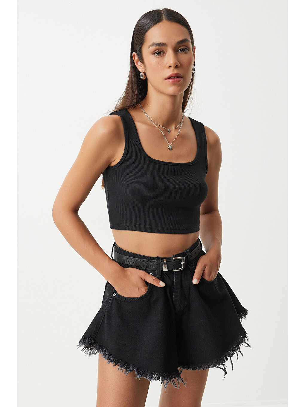 Siyah Askılı Crop 2'li Paket Örme Bluz SİYAH BEYAZ HGT0001-1