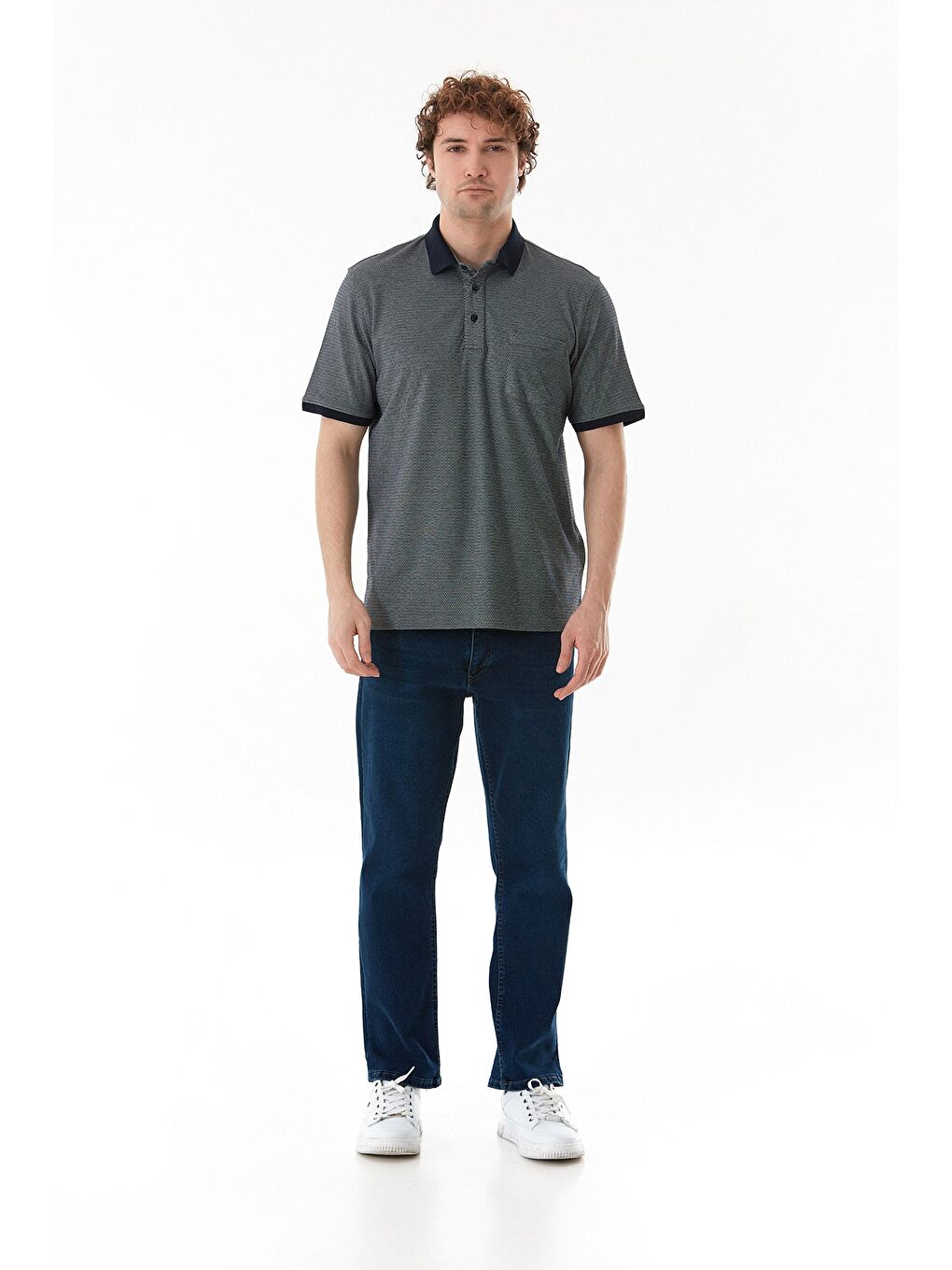 Lacivert Desenli Cepli Polo Yaka Tişört-1