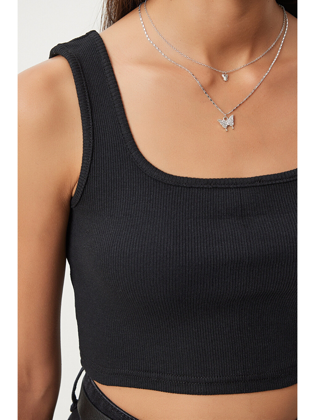 Siyah Askılı Crop 2'li Paket Örme Bluz SİYAH BEYAZ HGT0001-2