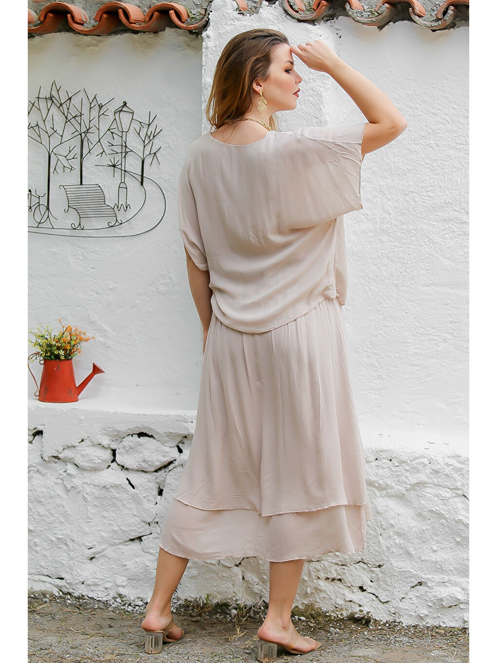 Kahverengi Camel Kayık Yaka Düşük Kol Astarlı Çift Katlı Dokuma Casual Elbise-7