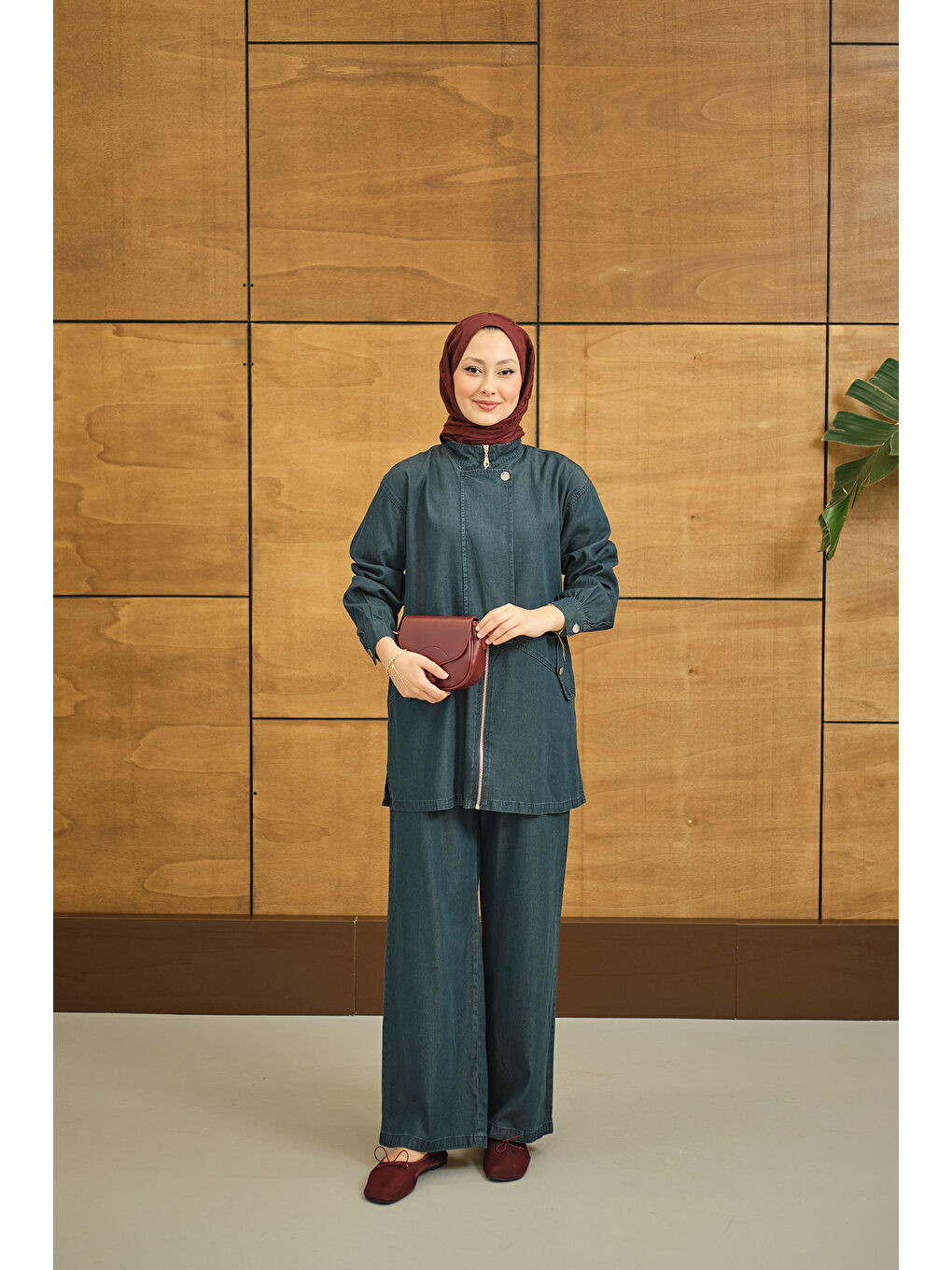 Kadın Düğme Detay Gizli Fermuarlı Takım Lacivert-3