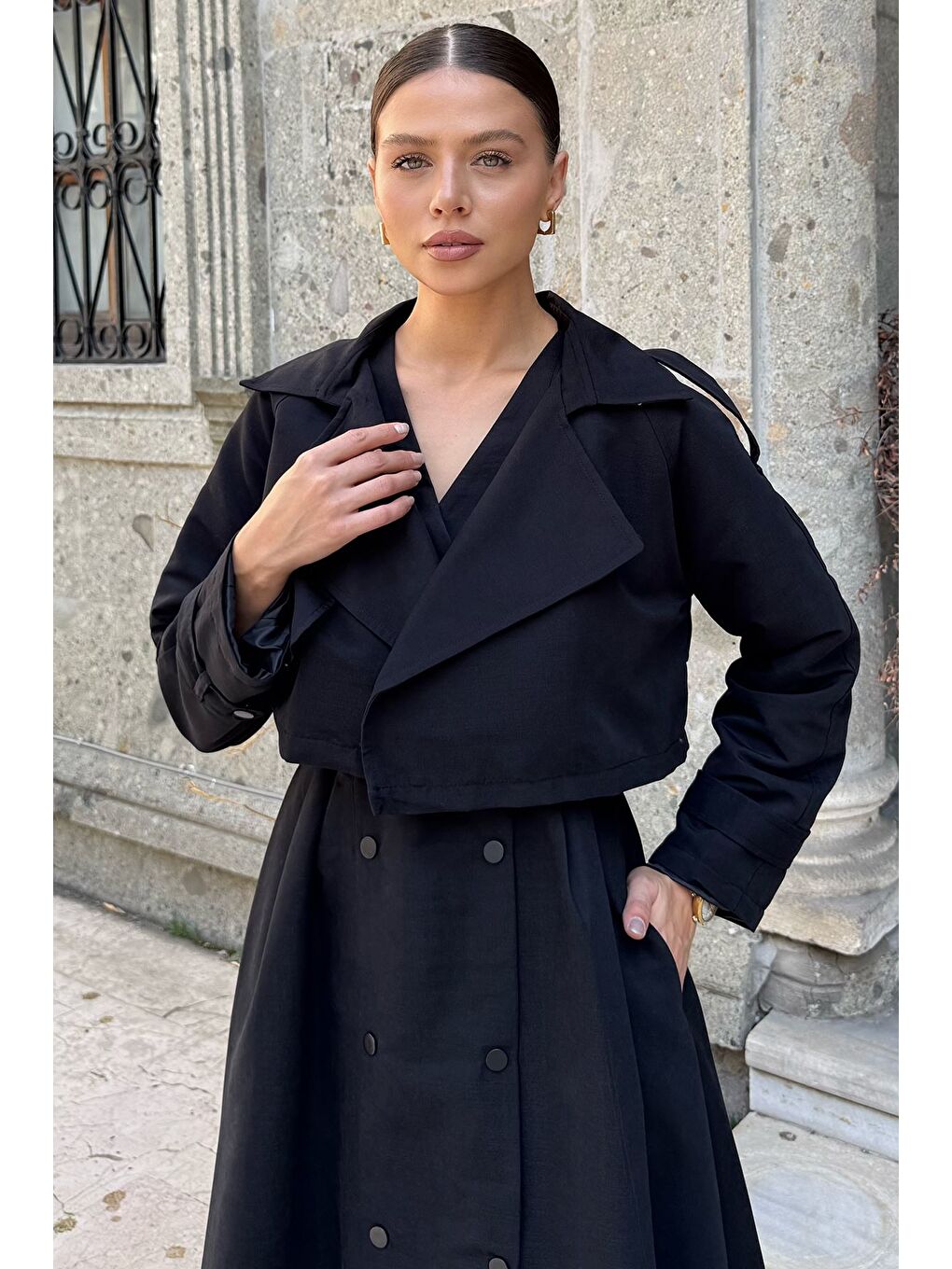 Siyah Kadın Trenç Kumaş Ceket Elbise İkili Takım-2