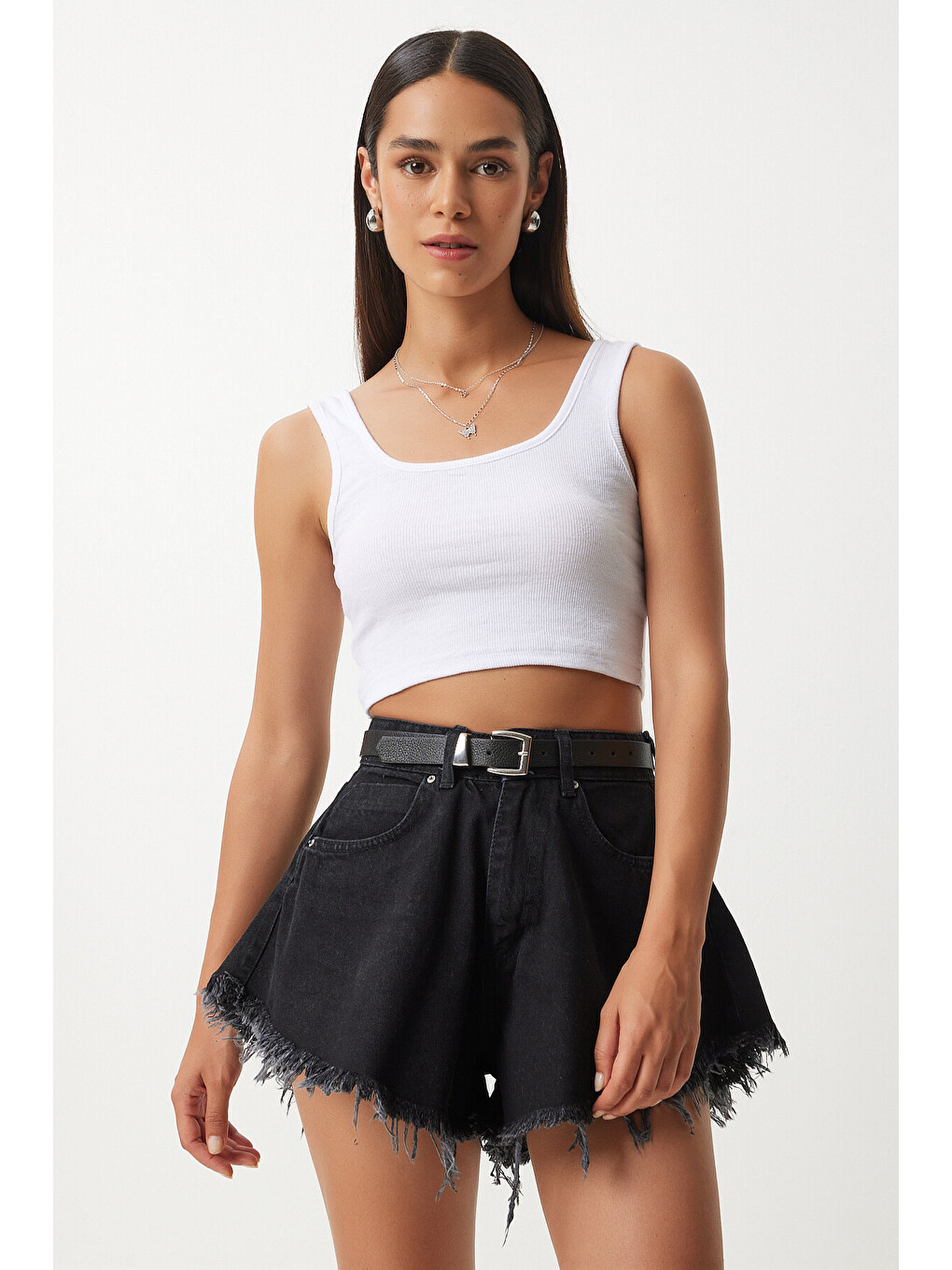 Siyah Askılı Crop 2'li Paket Örme Bluz SİYAH BEYAZ HGT0001-4
