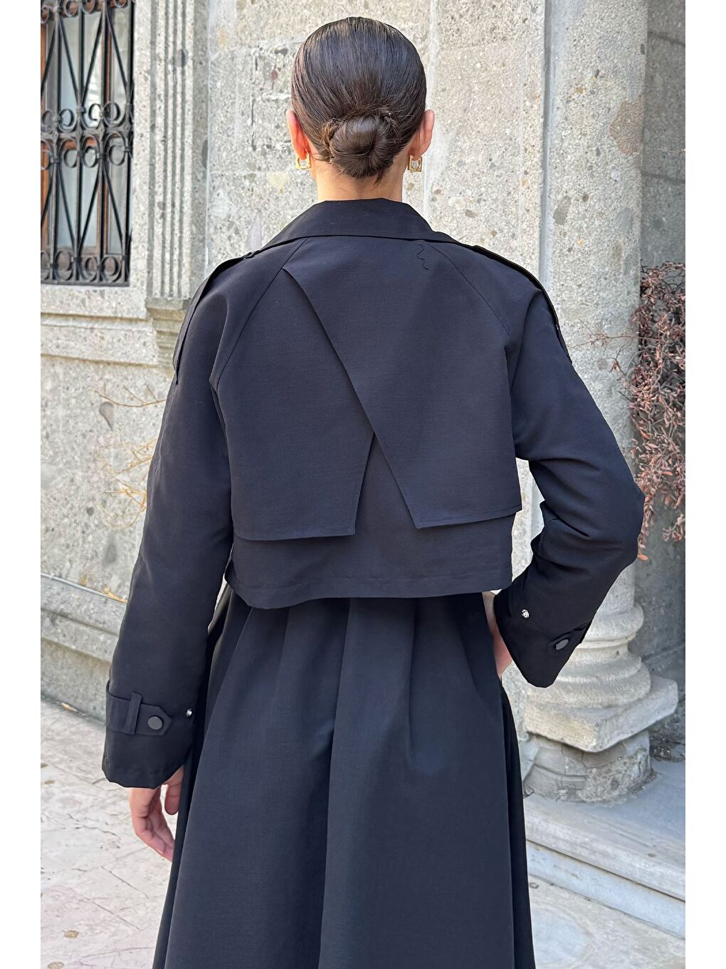 Siyah Kadın Trenç Kumaş Ceket Elbise İkili Takım-3