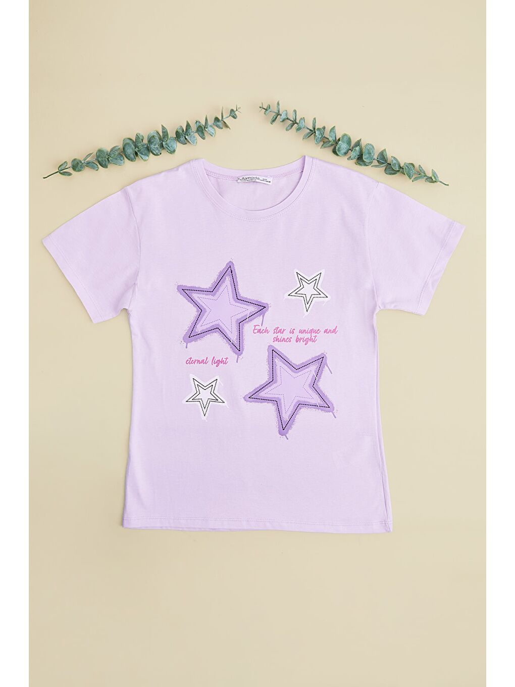 Lila Yıldız Baskılı Bisiklet Yaka Kız Çocuk Tişört
