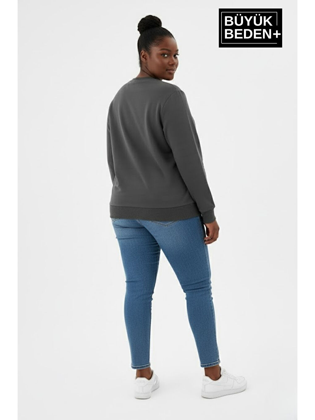 Gri Kadın Büyük Beden A Baskılı Bisiklet Yaka ince Sweatshirt SPR26BSWK956-12-1