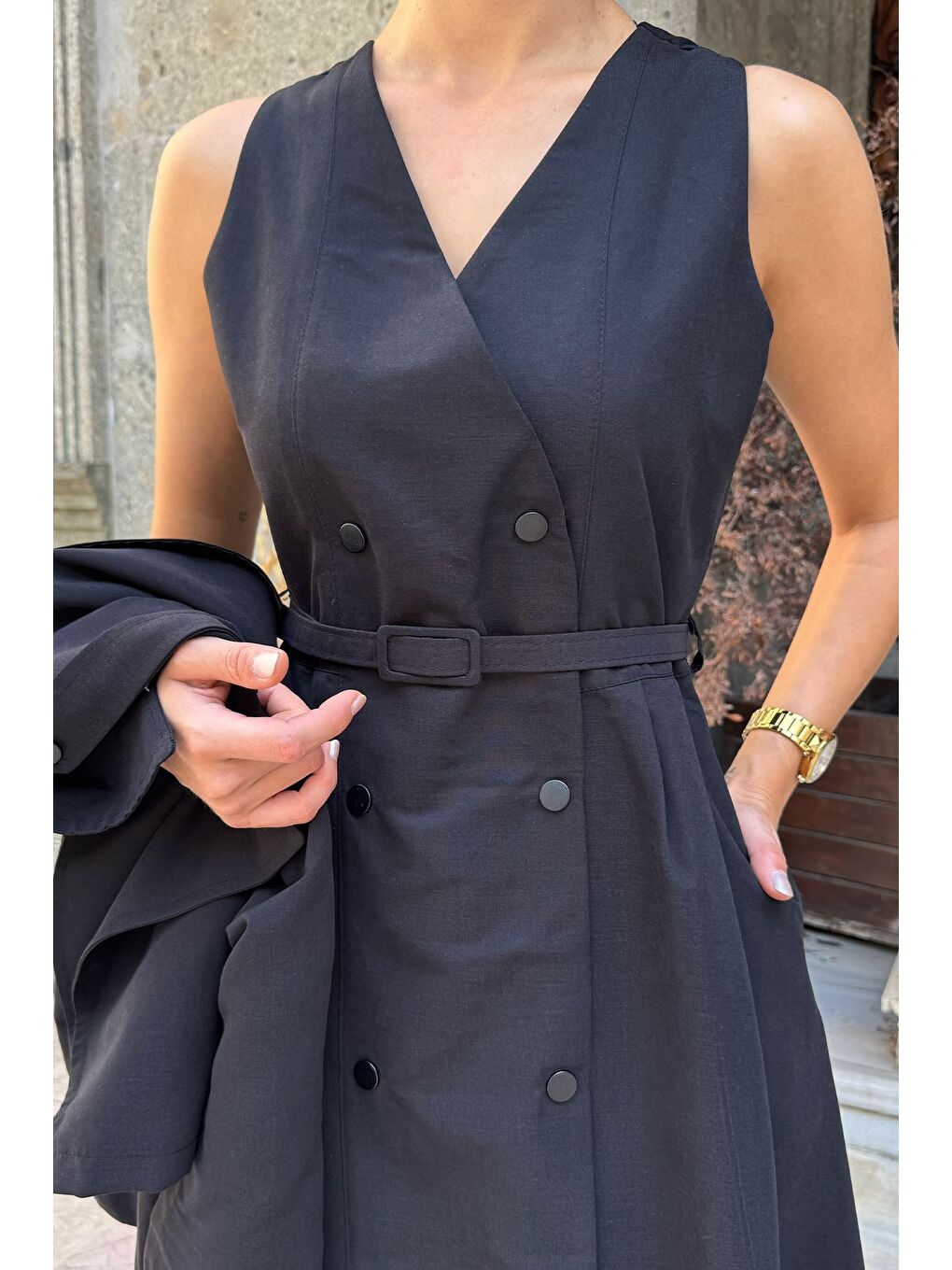 Siyah Kadın Trenç Kumaş Ceket Elbise İkili Takım-4