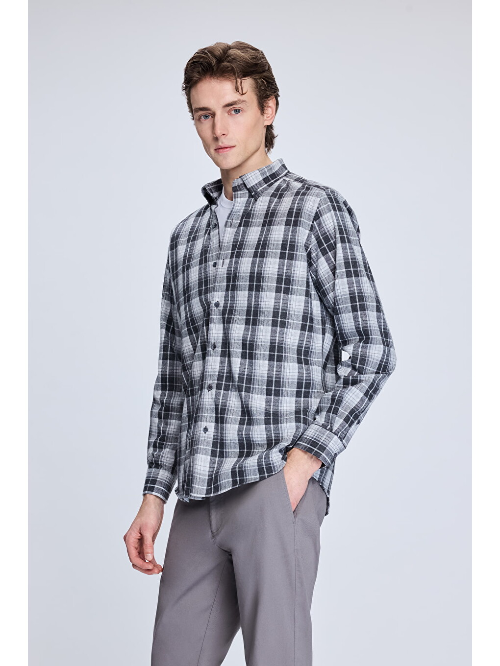 Gri Slim Fit Kareli Düğmeli Yaka Uzun Kollu Pamuklu Gömlek-2