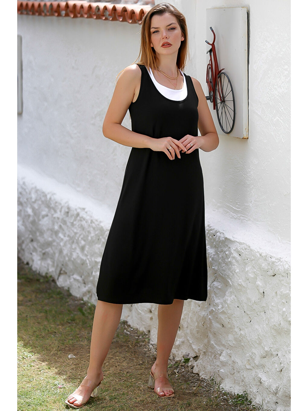 Siyah Yuvarlak Yaka Kolsuz Örme Garnili Örme Casual Elbise