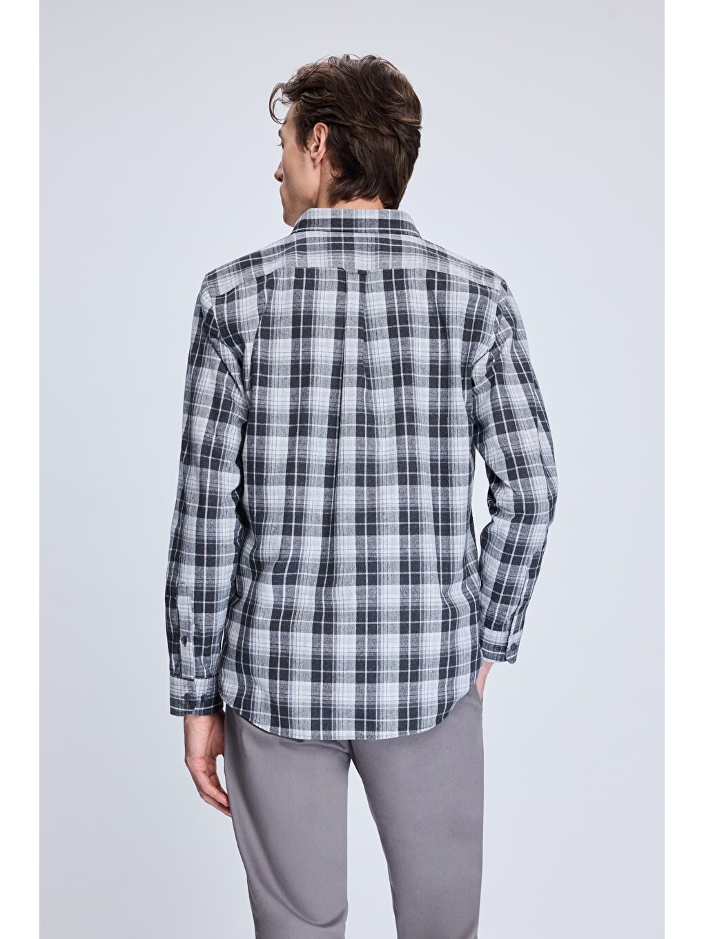 Gri Slim Fit Kareli Düğmeli Yaka Uzun Kollu Pamuklu Gömlek-4