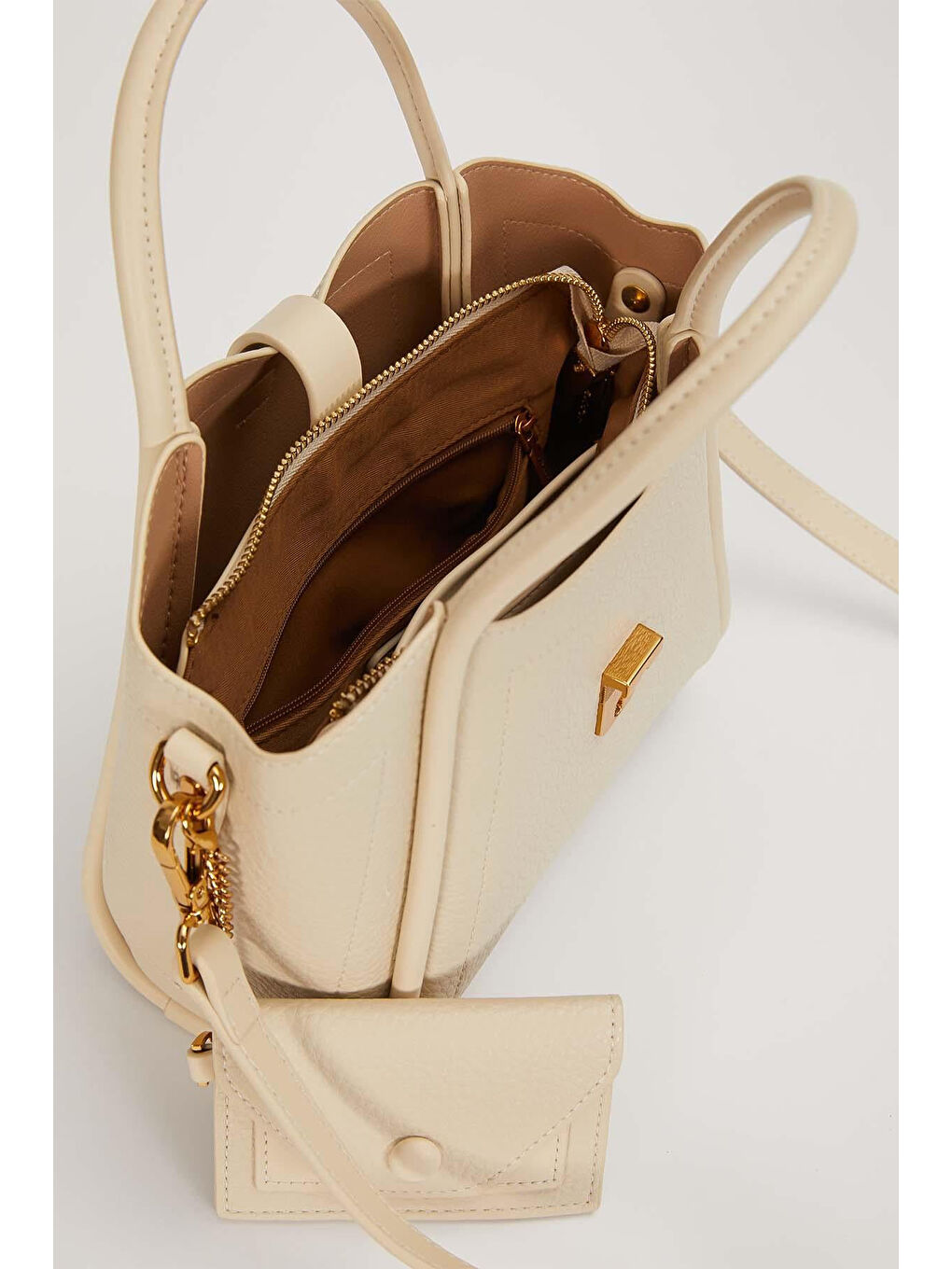 3 Gözlü Ek Askılı Charm Detay Yumuşak Küçük Boy Deri Çanta 930643 Bej-2