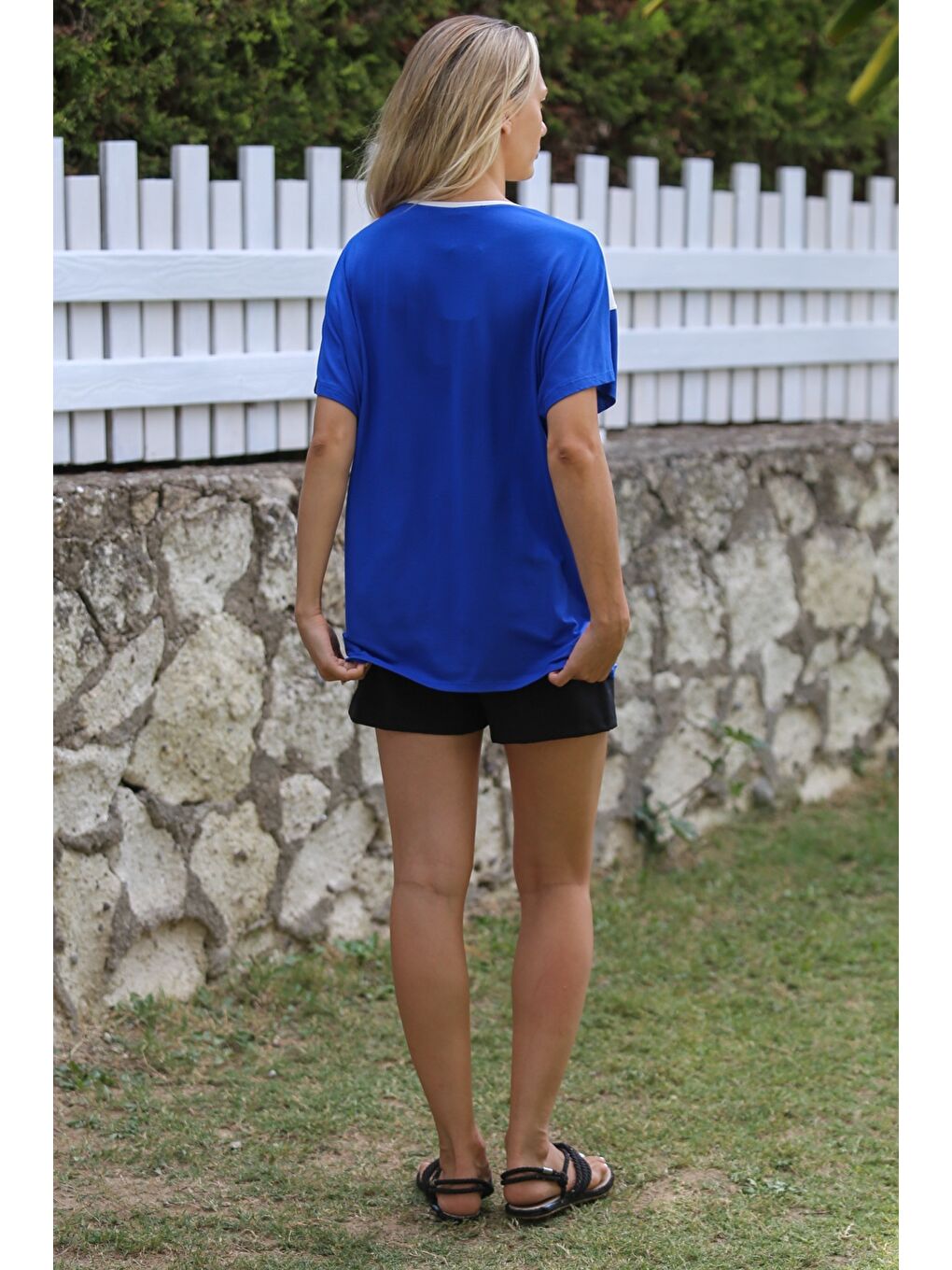 Mavi-Beyaz-Siyah V Yaka Düşük Kol Örme Garnili Örme Casual Bluz-6