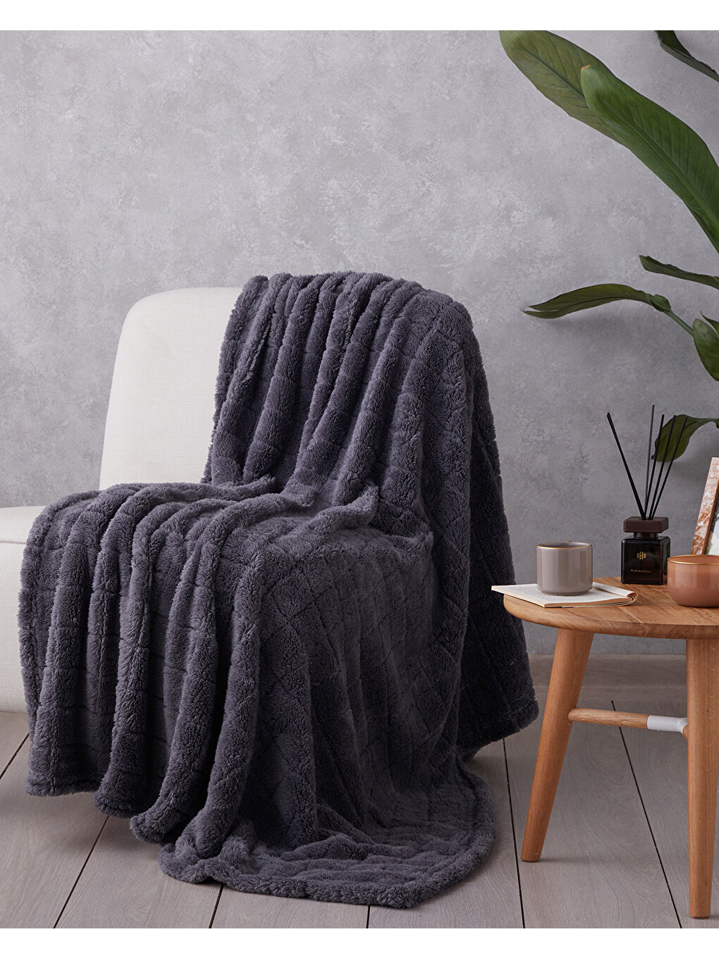 Natural Checkers Jakarlı Wellsoft Tv Battaniye 120x160 cm Antrasit-1