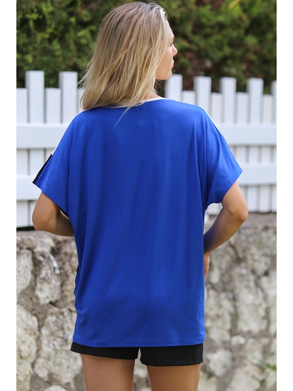 Mavi-Beyaz-Siyah V Yaka Düşük Kol Örme Garnili Örme Casual Bluz-7