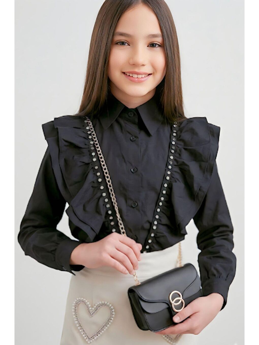 Kız Çocuk Kristal Taşlı Kalp Figürlü Beyaz Etekli Takım-1