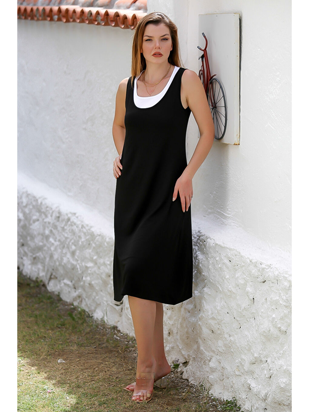 Siyah Yuvarlak Yaka Kolsuz Örme Garnili Örme Casual Elbise-1