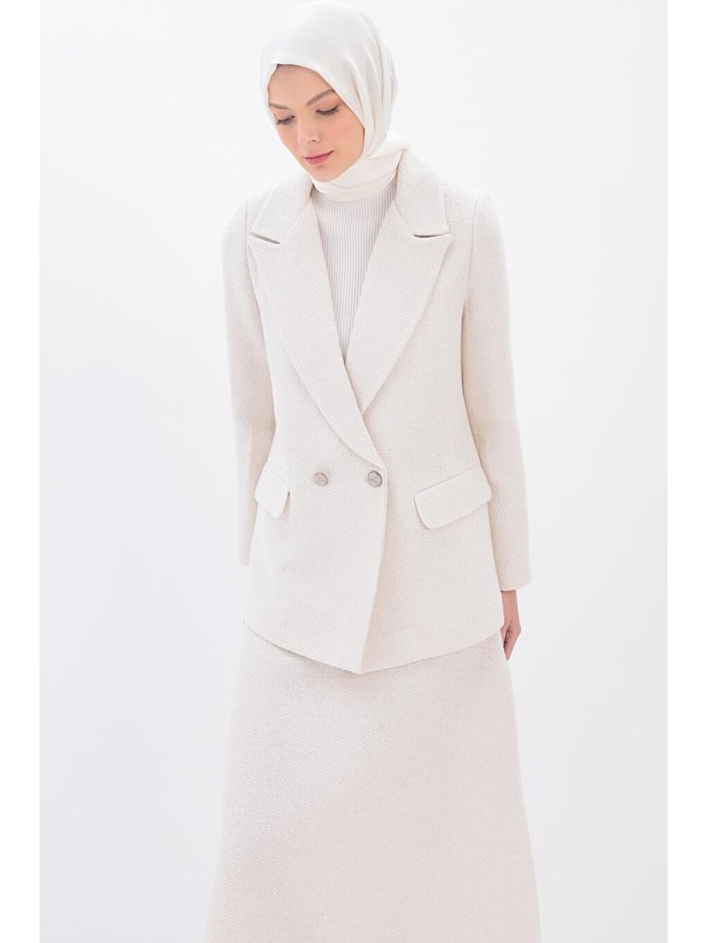 Beyaz-Simli Tüvit Kumaş Blazer Ceket