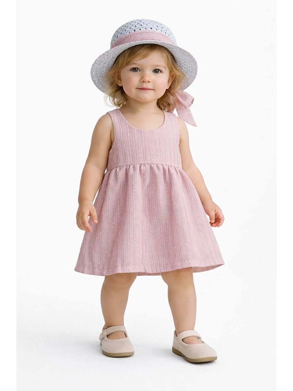 Pembe Tarz Simli Elbise Şapkalı Fiyonk Detaylı Yazlık 2’li Kombin Tatlı Kız Bebek