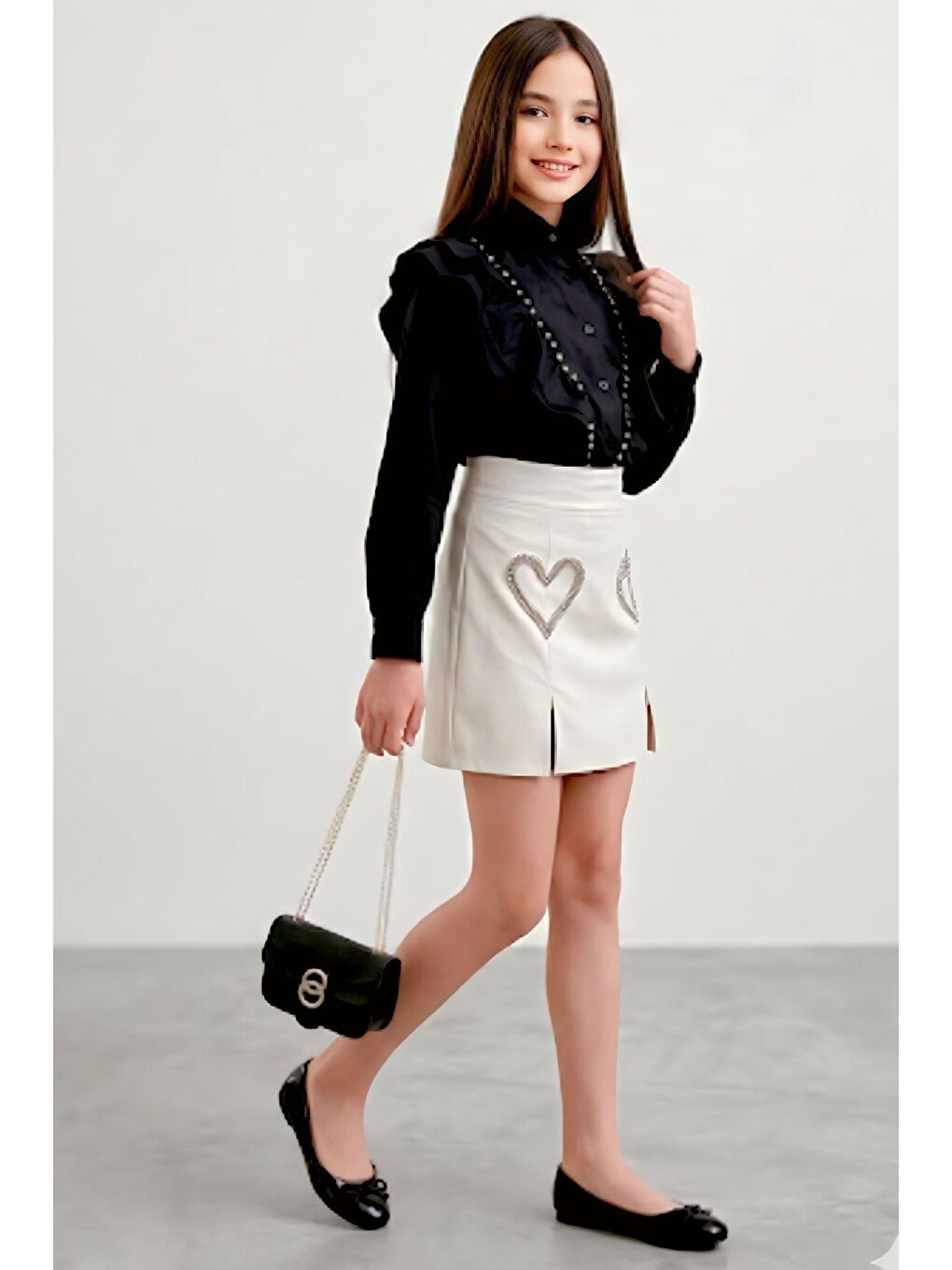 Kız Çocuk Kristal Taşlı Kalp Figürlü Beyaz Etekli Takım-2