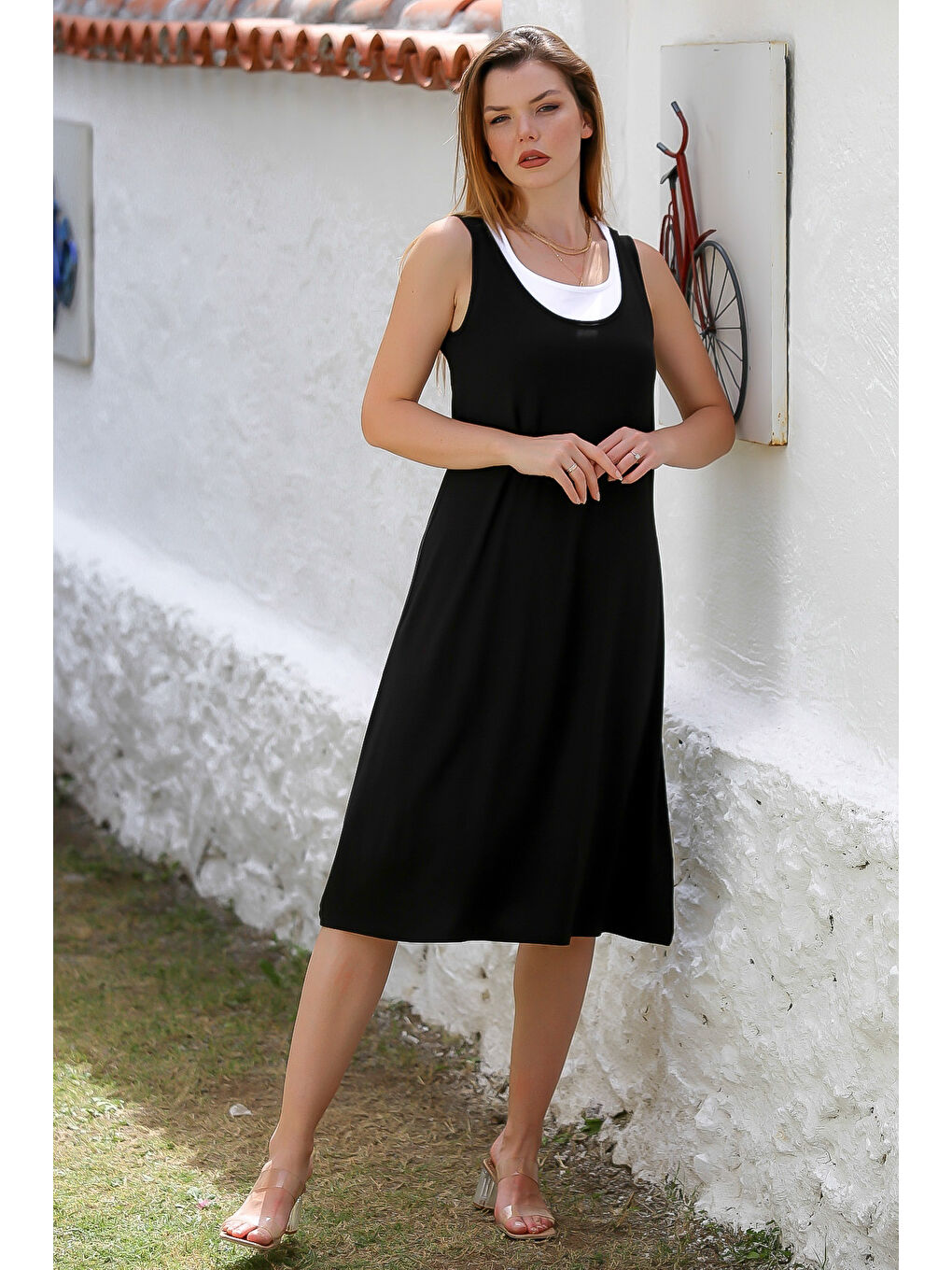 Siyah Yuvarlak Yaka Kolsuz Örme Garnili Örme Casual Elbise-2