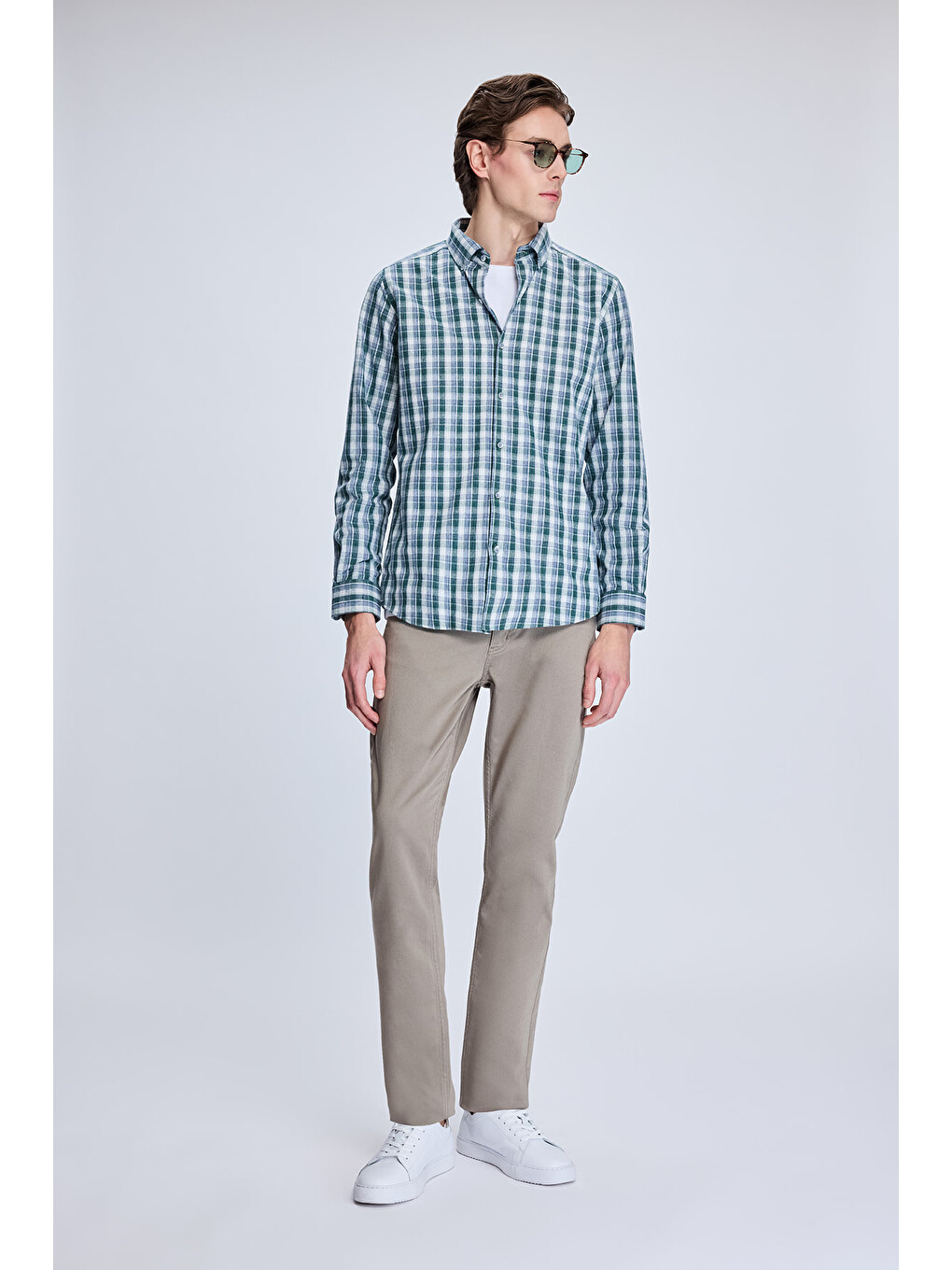 Haki Slim Fit Kareli Düğmeli Yaka Uzun Kollu Pamuklu Gömlek-1