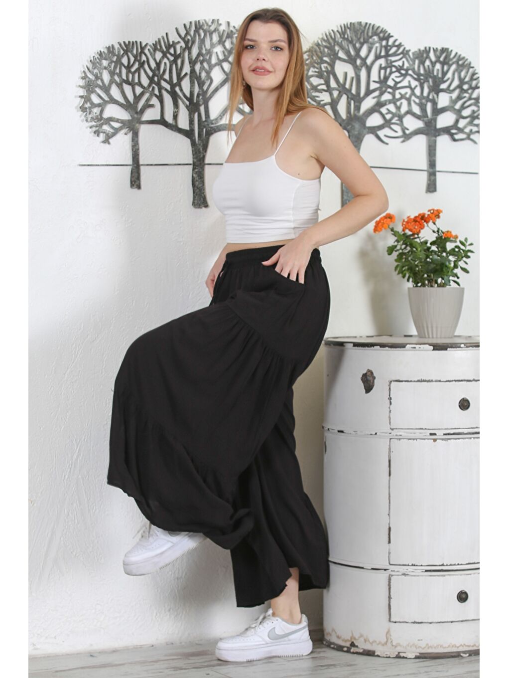 İtalyan Siyah Büzgülü Dokuma İspanyol Paça Casual Pantolon-3