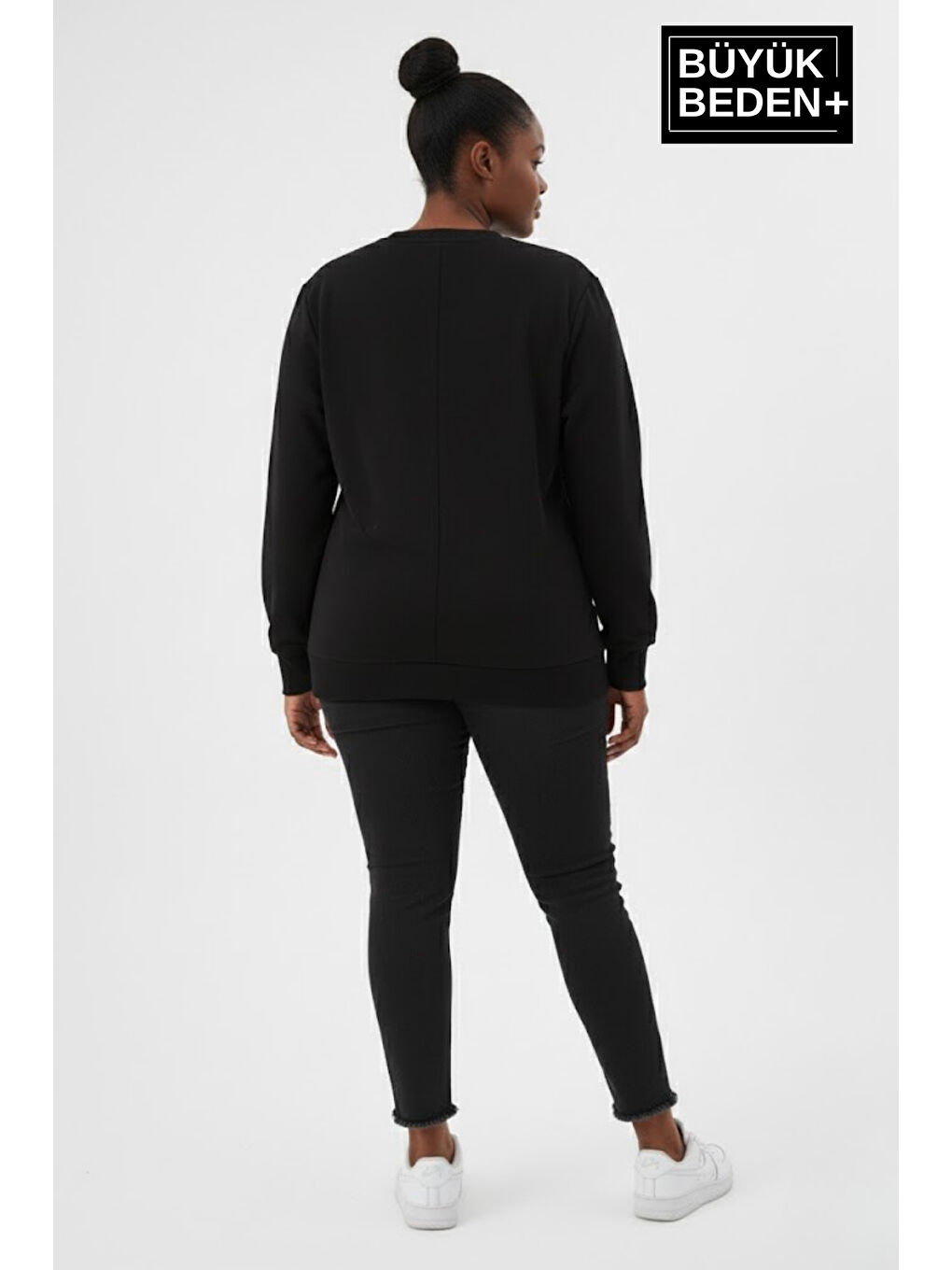 Siyah Kadın Büyük Beden A Baskılı Bisiklet Yaka ince Sweatshirt SPR26BSWK956-12-2