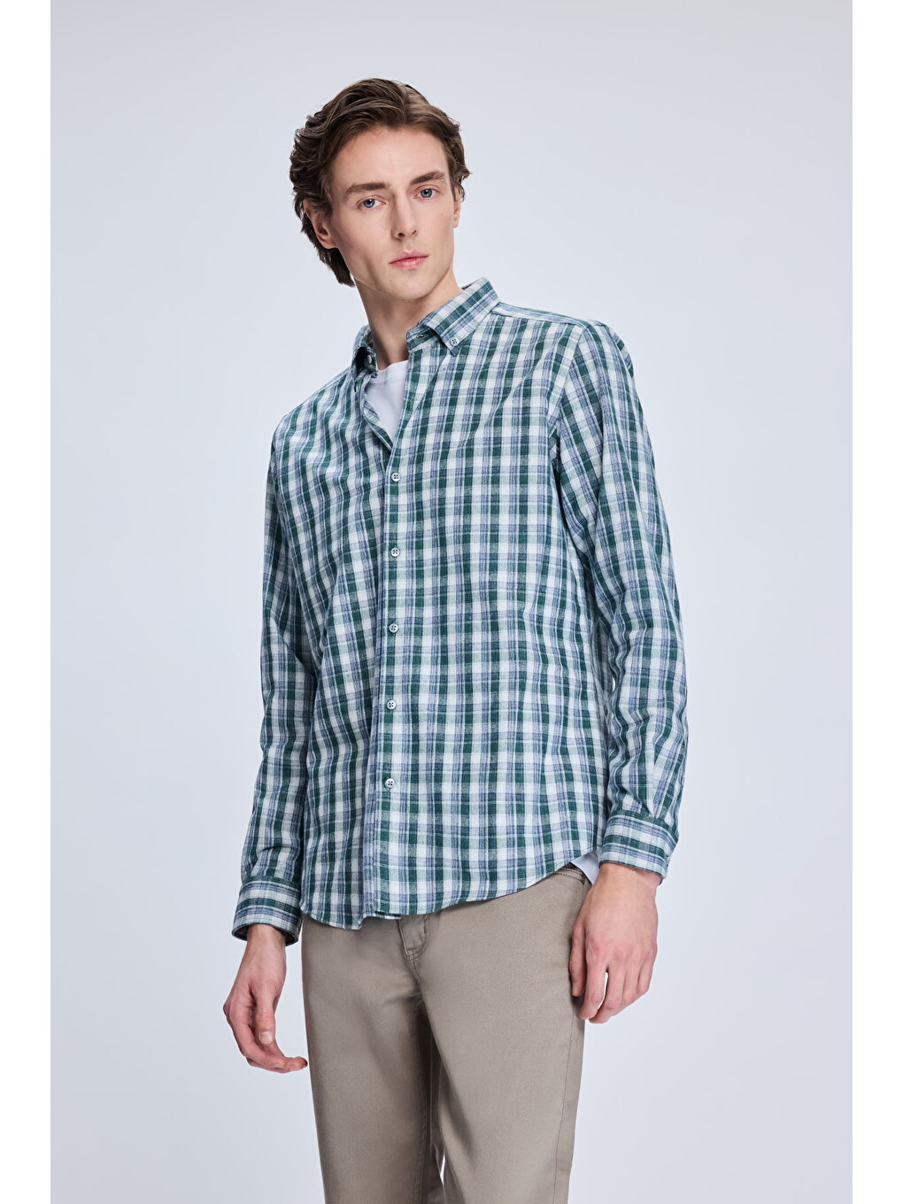 Haki Slim Fit Kareli Düğmeli Yaka Uzun Kollu Pamuklu Gömlek-2