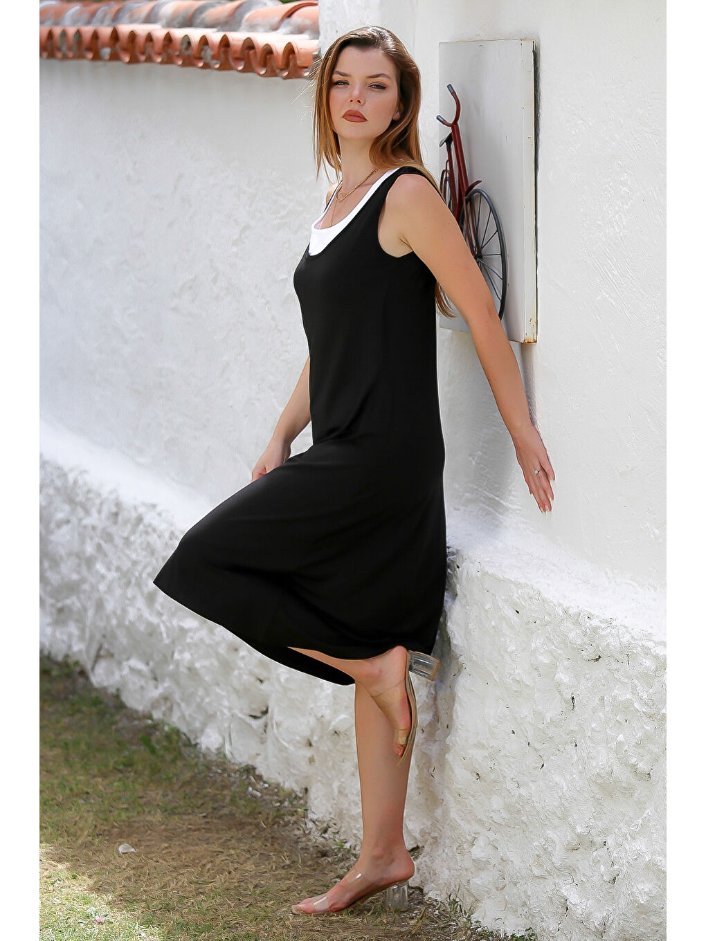 Siyah Yuvarlak Yaka Kolsuz Örme Garnili Örme Casual Elbise-3