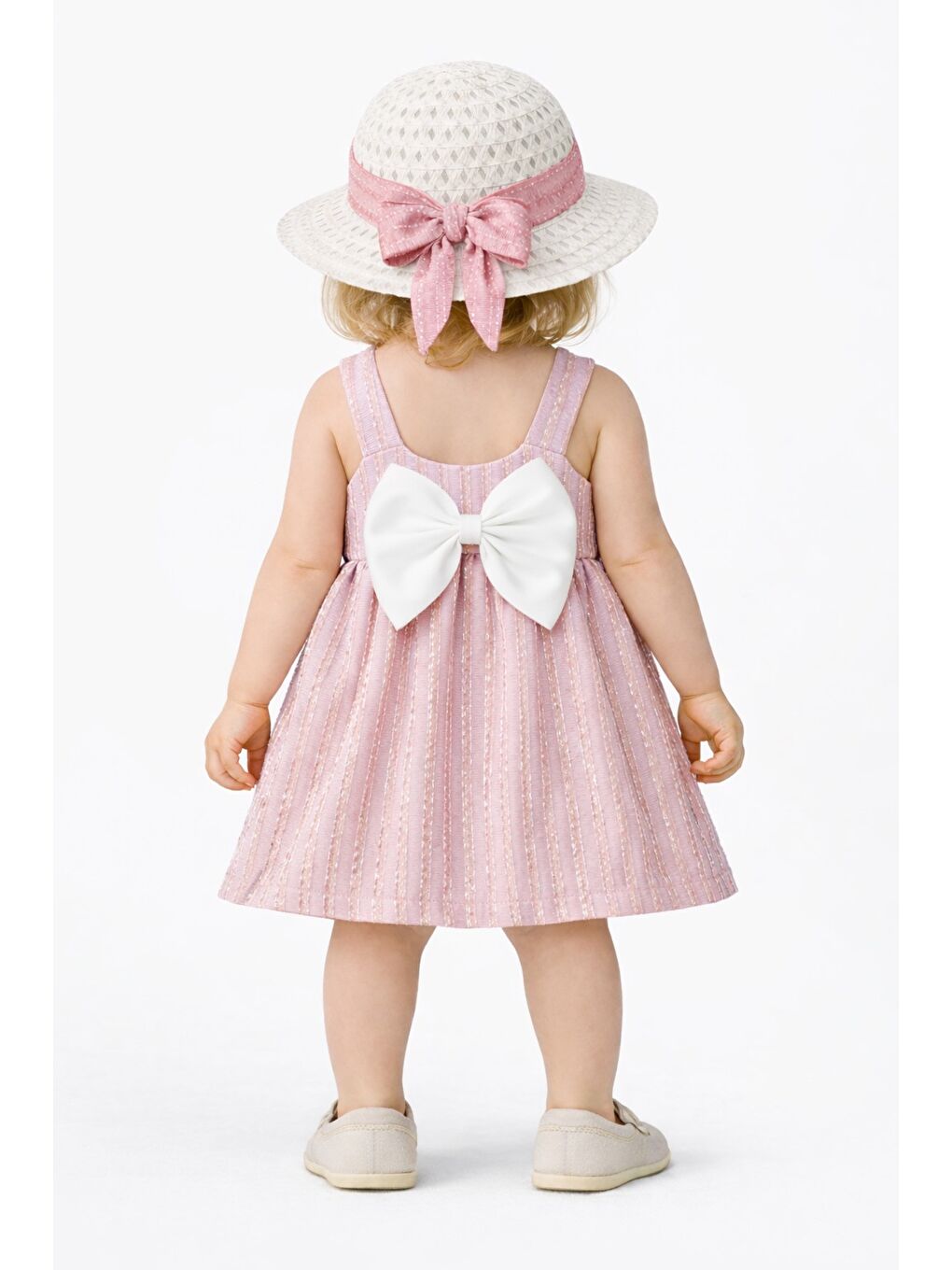 Pembe Tarz Simli Elbise Şapkalı Fiyonk Detaylı Yazlık 2’li Kombin Tatlı Kız Bebek-1