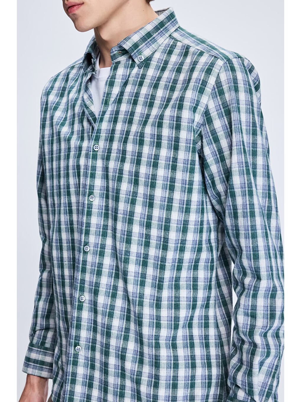 Haki Slim Fit Kareli Düğmeli Yaka Uzun Kollu Pamuklu Gömlek-3