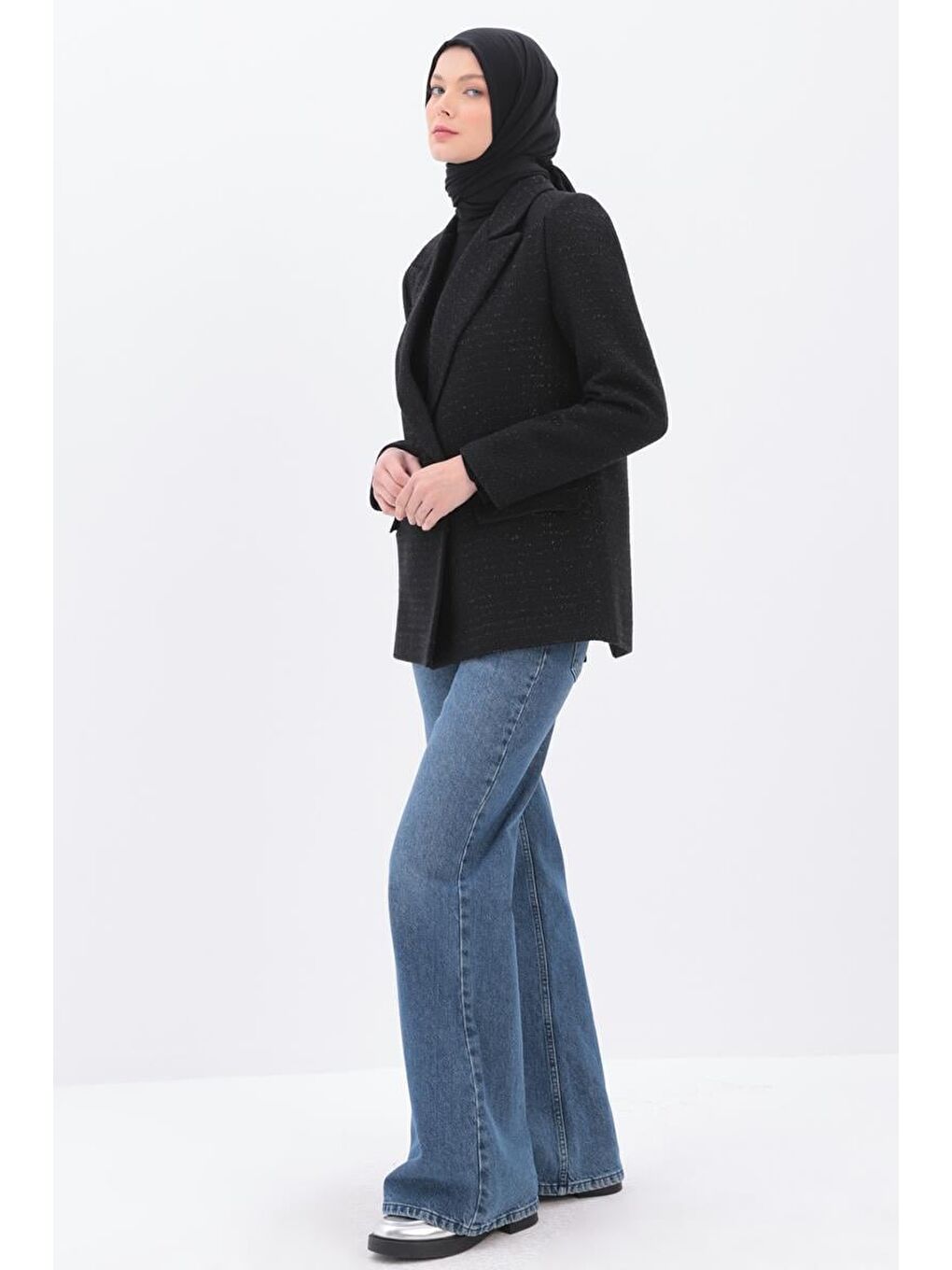 Siyah-Simli Tüvit Kumaş Blazer Ceket-2