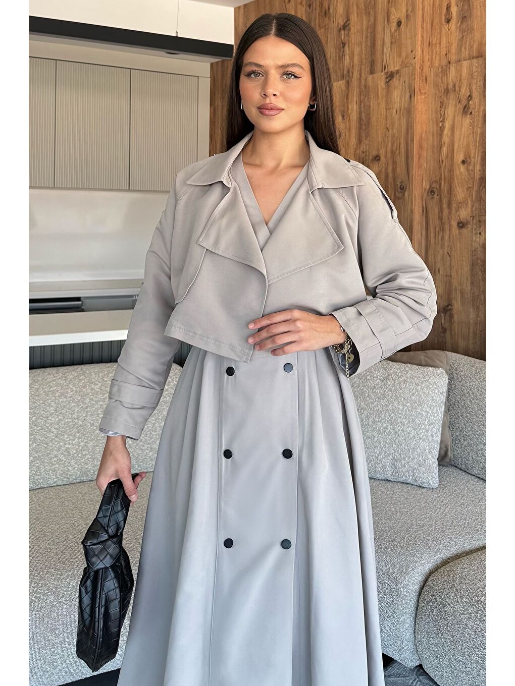 Bej Kadın Trenç Kumaş Ceket Elbise İkili Takım-1