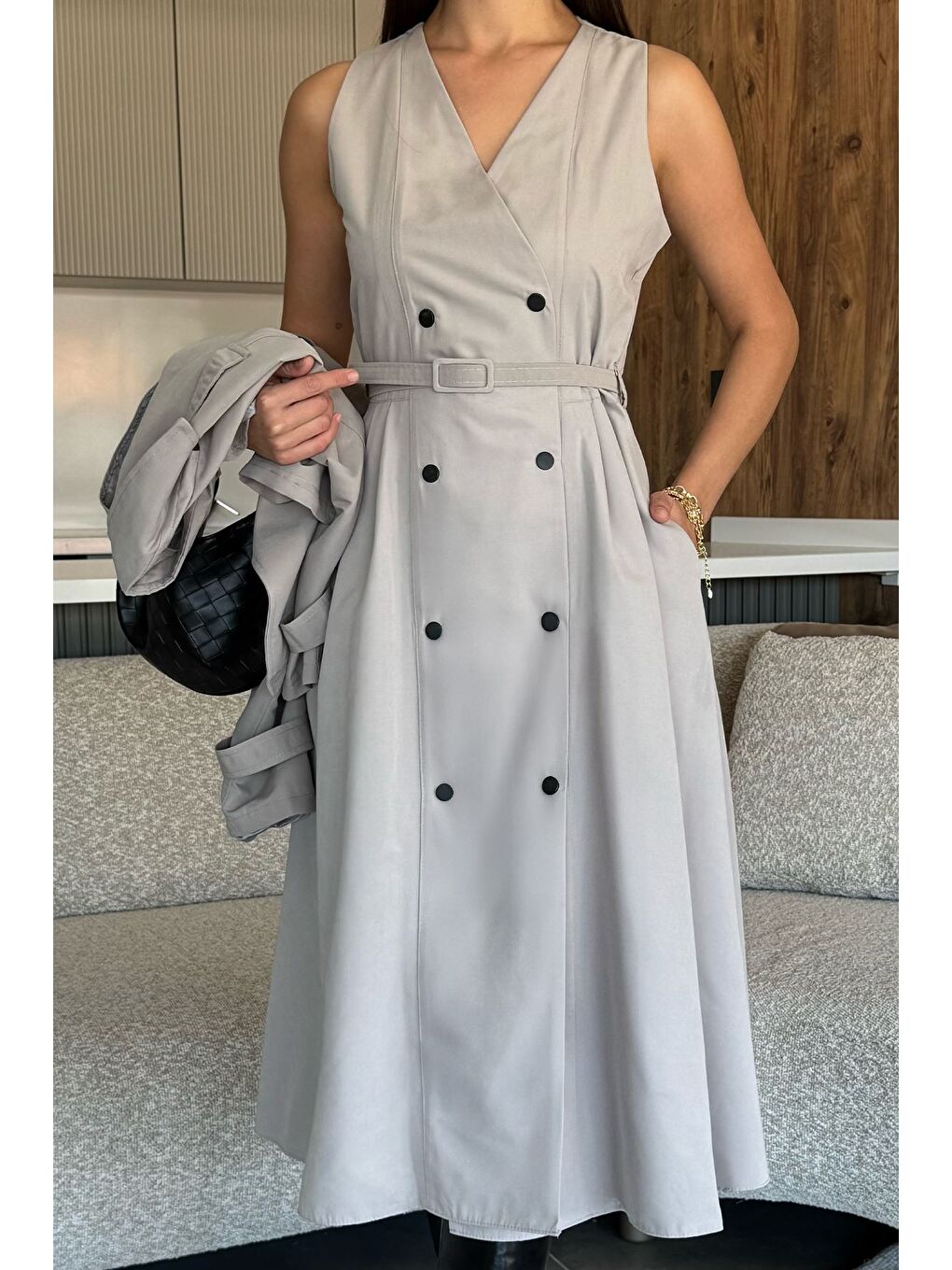 Bej Kadın Trenç Kumaş Ceket Elbise İkili Takım-2