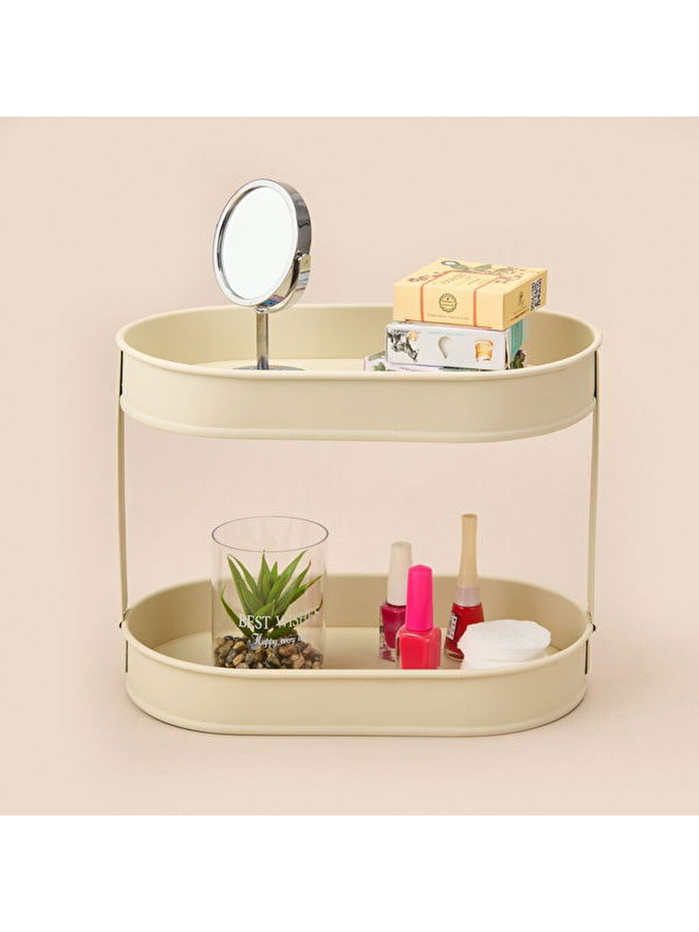 Ekru Bath 2 Katlı Oval Organizer - Krem - 32,5x19 cm-3