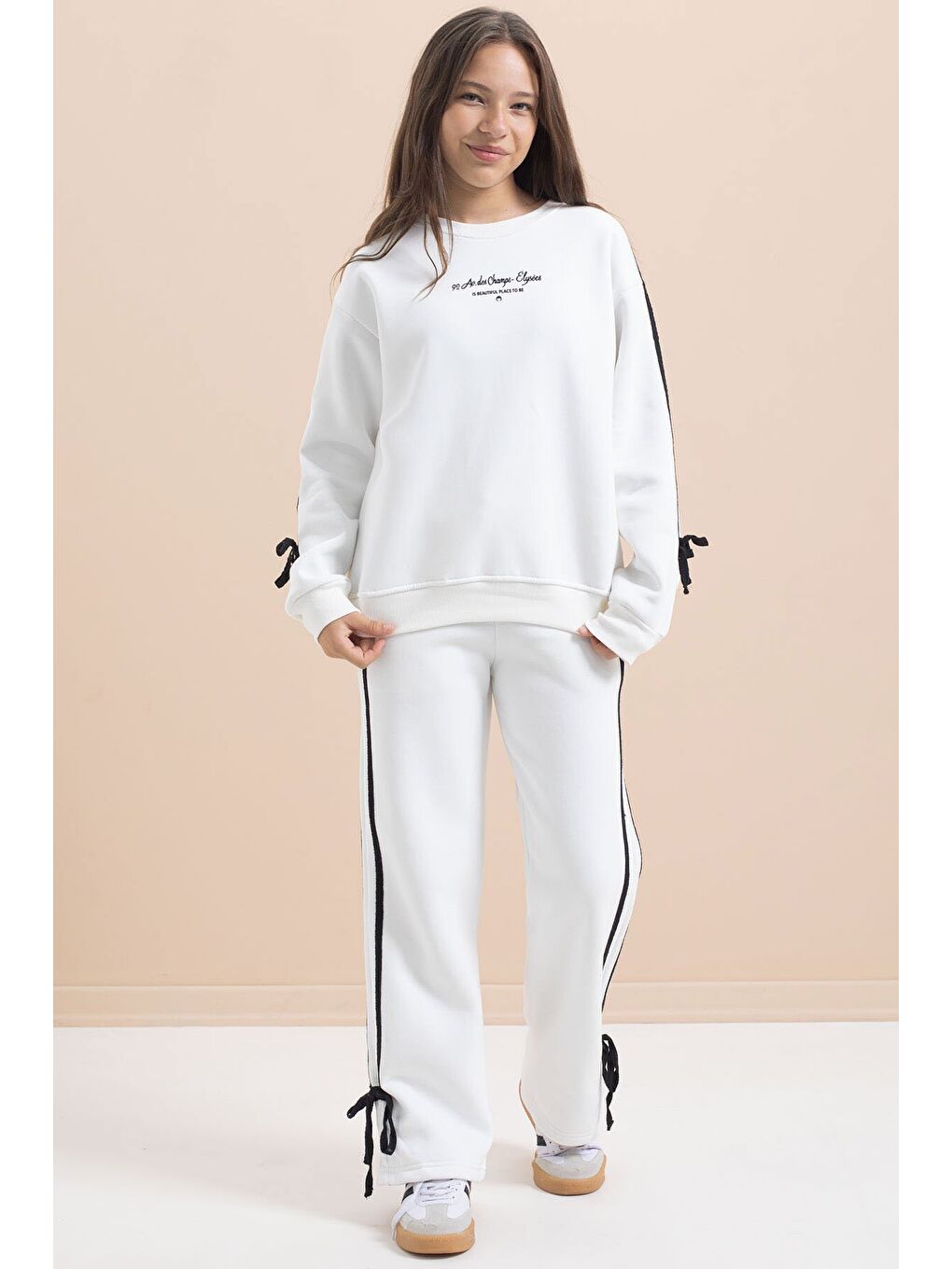 Beyaz Kız Çocuk Şerit Detaylı 3 İplik Şardonlu Takım 21514