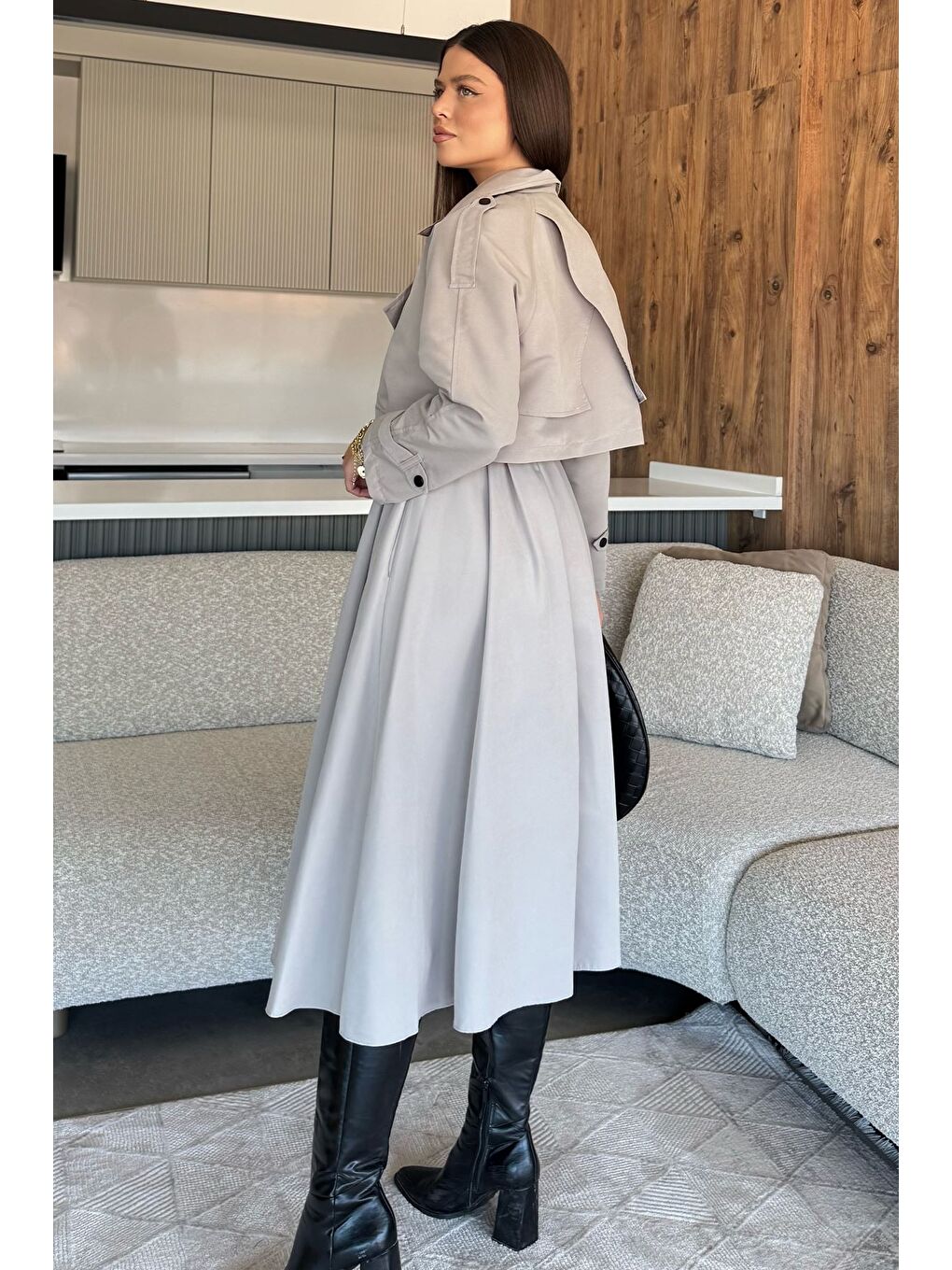 Bej Kadın Trenç Kumaş Ceket Elbise İkili Takım-3