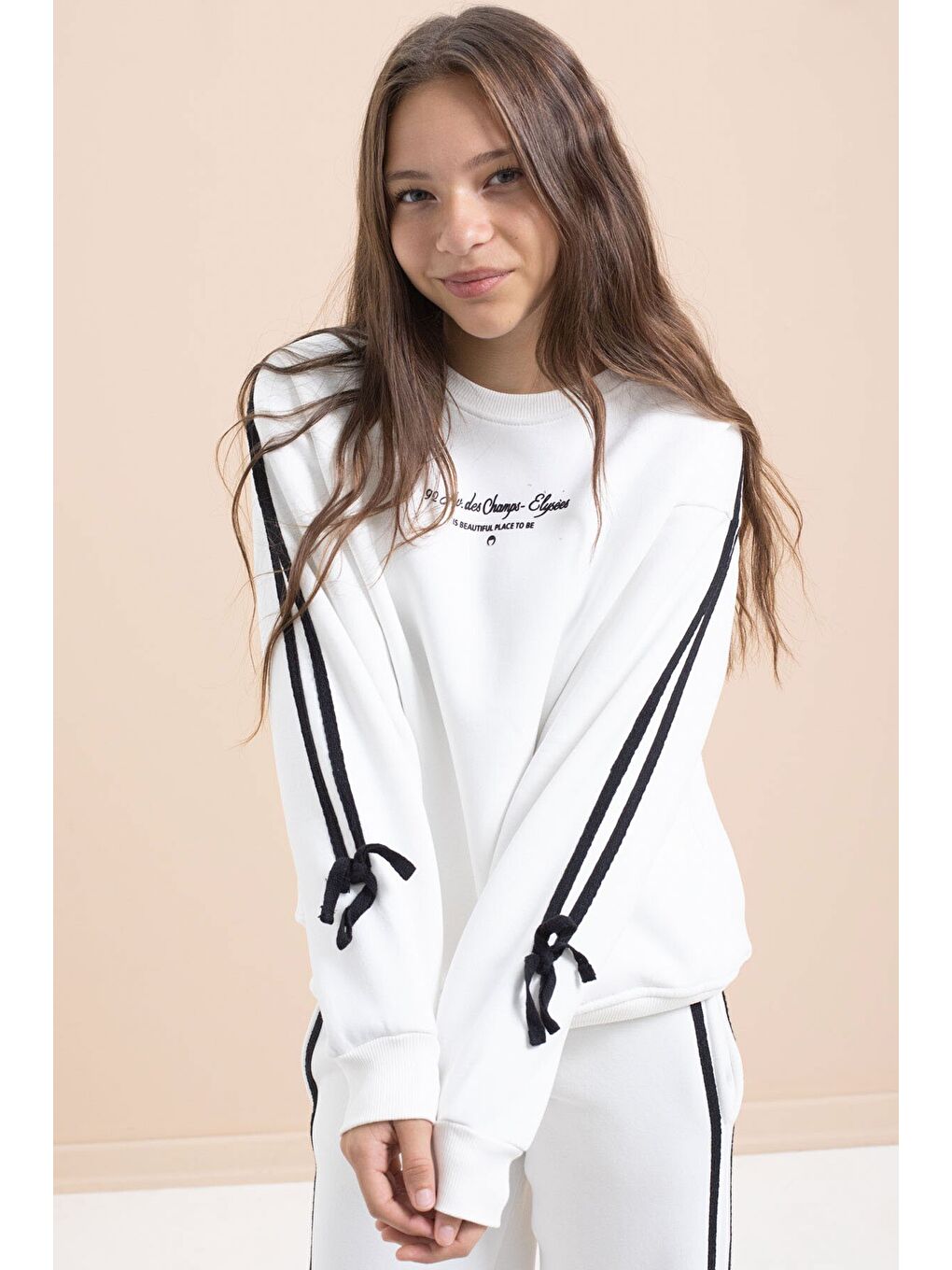 Beyaz Kız Çocuk Şerit Detaylı 3 İplik Şardonlu Takım 21514-1