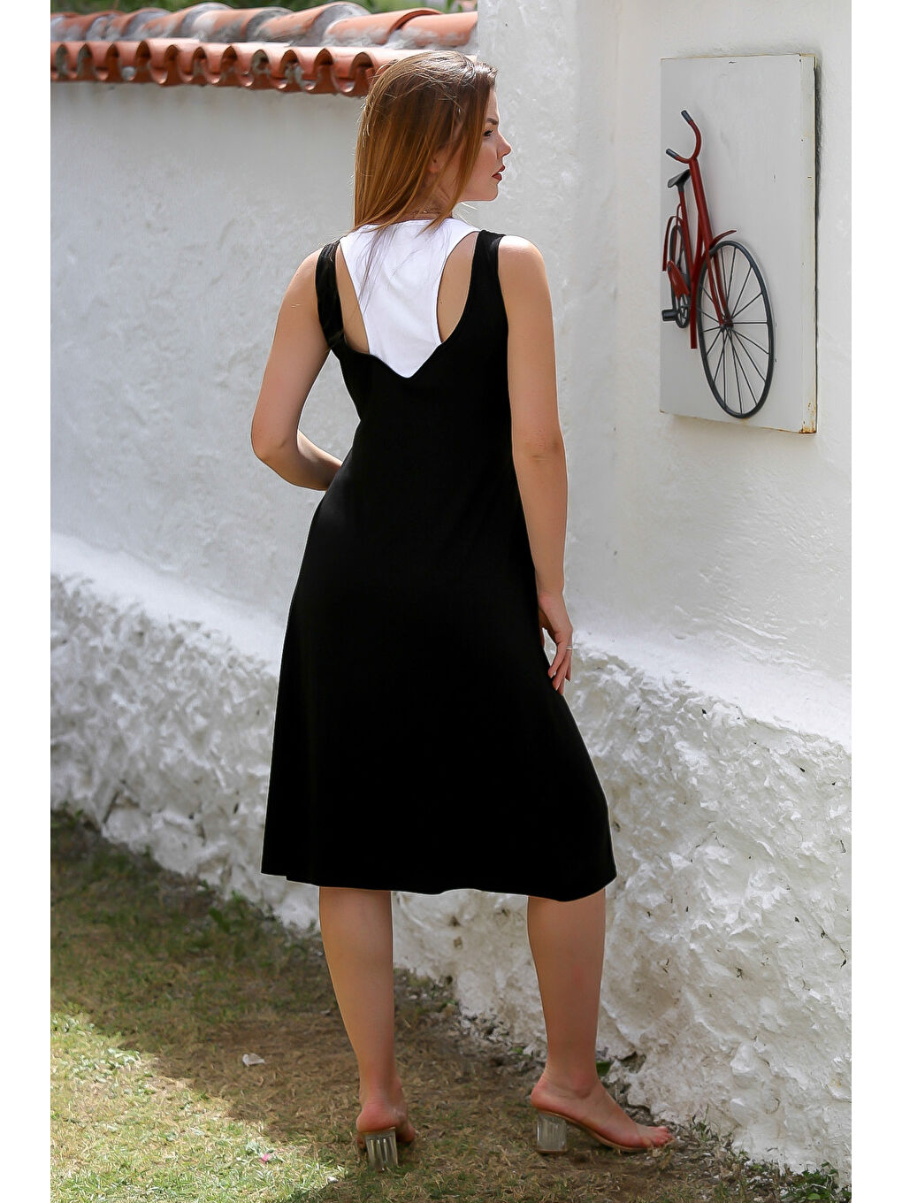 Siyah Yuvarlak Yaka Kolsuz Örme Garnili Örme Casual Elbise-6