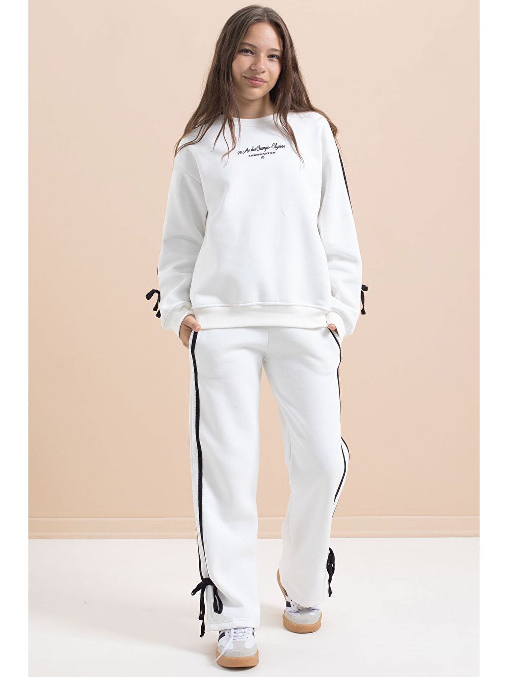 Beyaz Kız Çocuk Şerit Detaylı 3 İplik Şardonlu Takım 21514-2