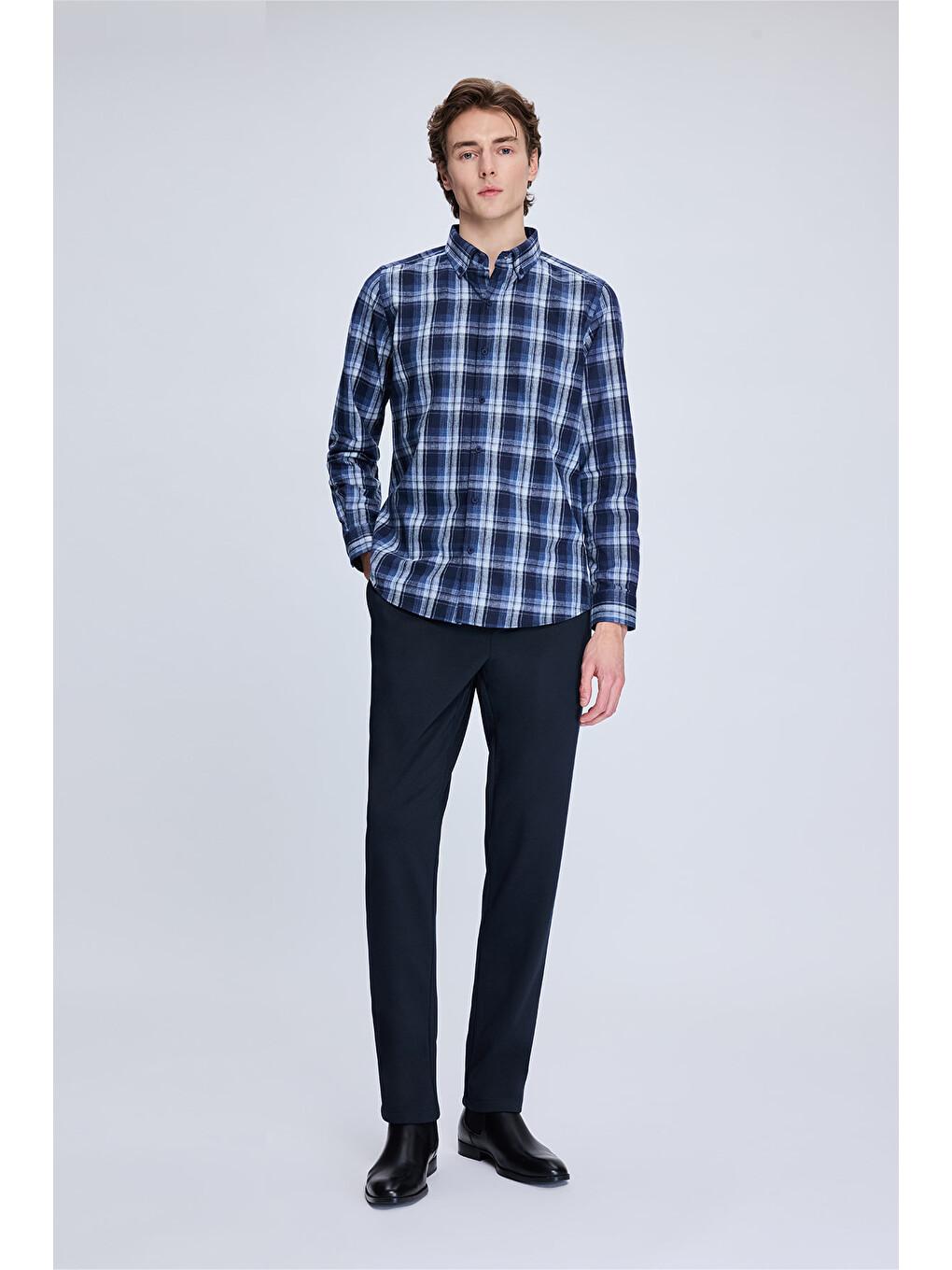 Lacivert Slim Fit Kareli Düğmeli Yaka Uzun Kollu Pamuklu Gömlek-1
