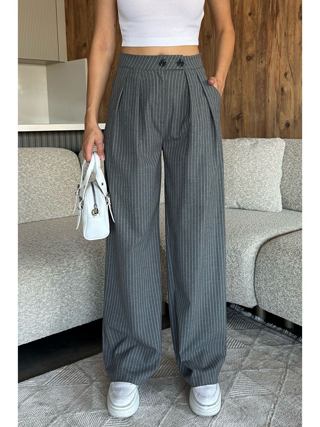 Gri Kadın Çizgili Palazzo Pantolon