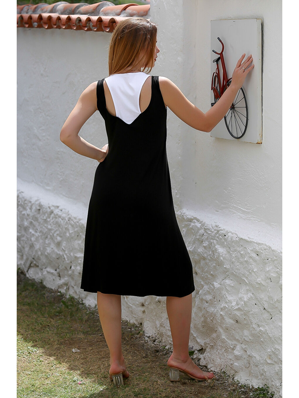 Siyah Yuvarlak Yaka Kolsuz Örme Garnili Örme Casual Elbise-7