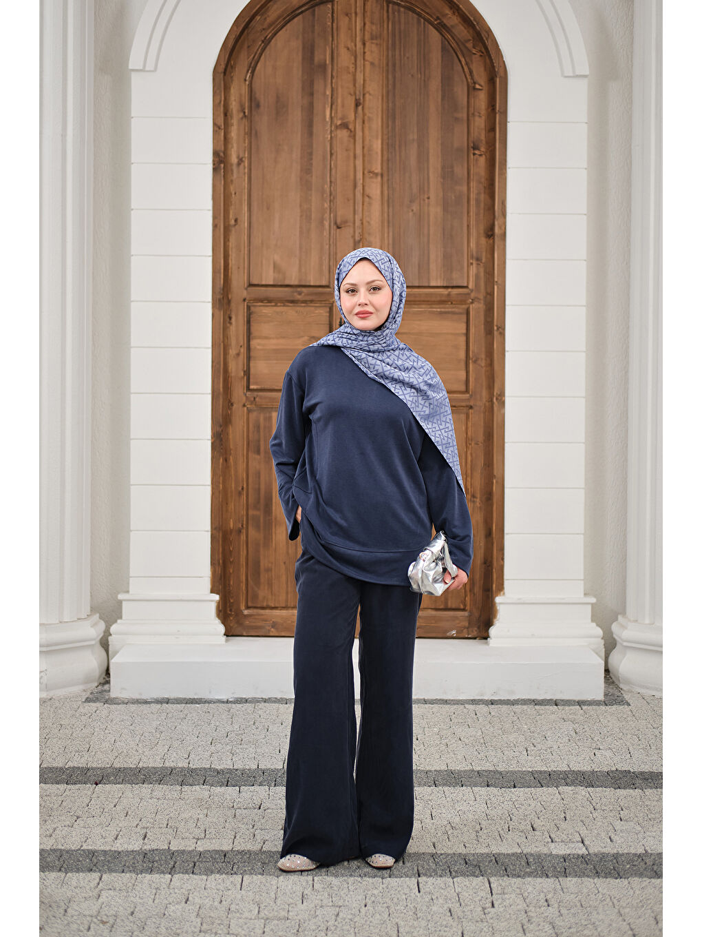 Kadın Önü Çima Detay Bisiklet Yaka Takım İndigo Mavi