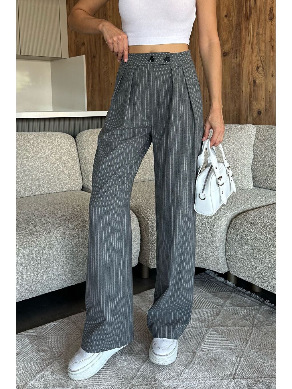 Gri Kadın Çizgili Palazzo Pantolon-1