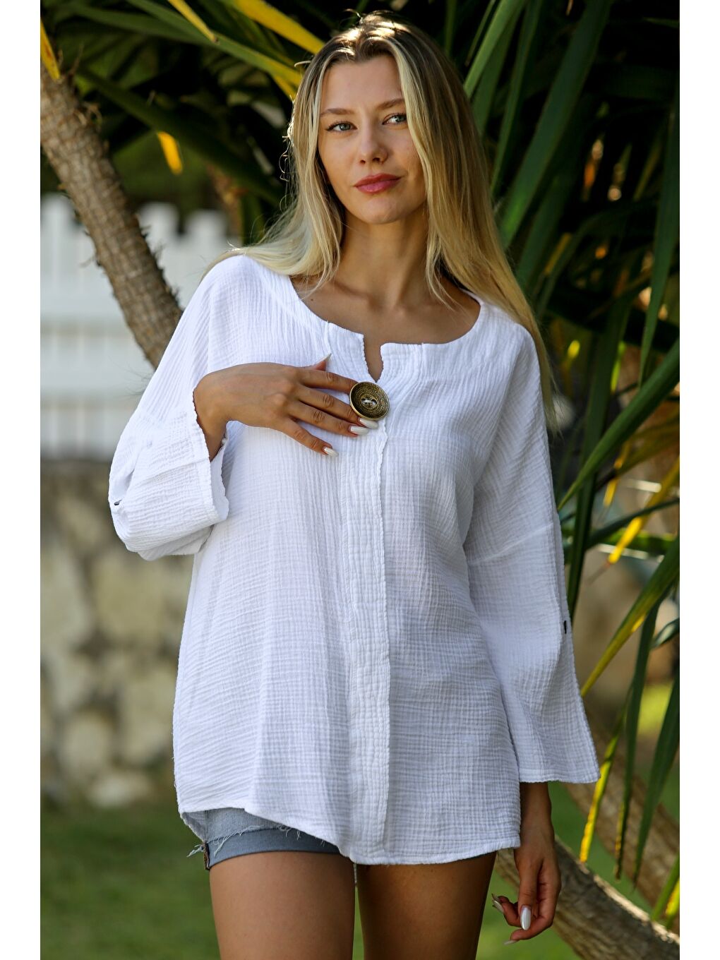 Beyaz Patlı Yaka Uzun Kol Düğmeli Yıkamalı Dokuma Casual Müslin Bluz-3