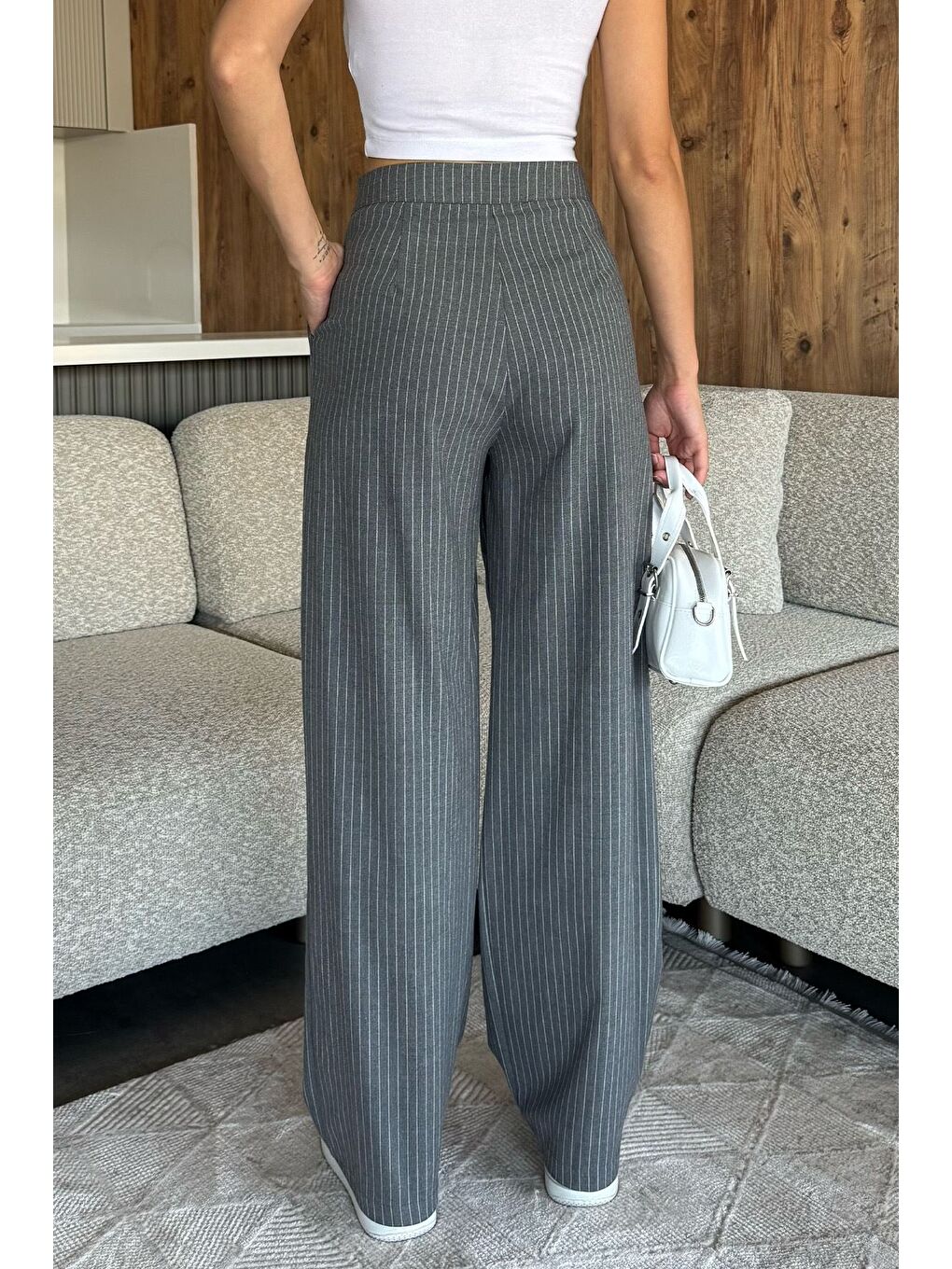 Gri Kadın Çizgili Palazzo Pantolon-2